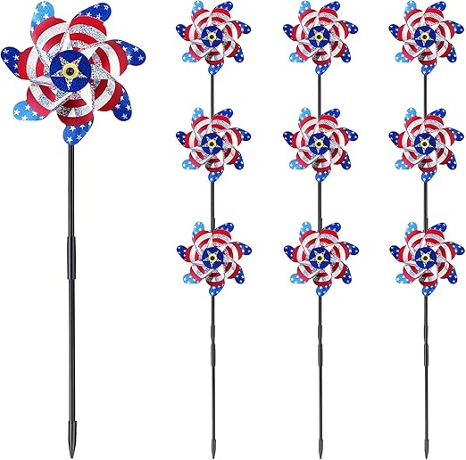 BATTIFE 10 Packs Patriotic Sparkly Reflective Pinwheels for Yard and Garden, American Flags Blinding Birds Pin Wheel Scare Birds & Animal Away, Wind Spinner for 4th of July