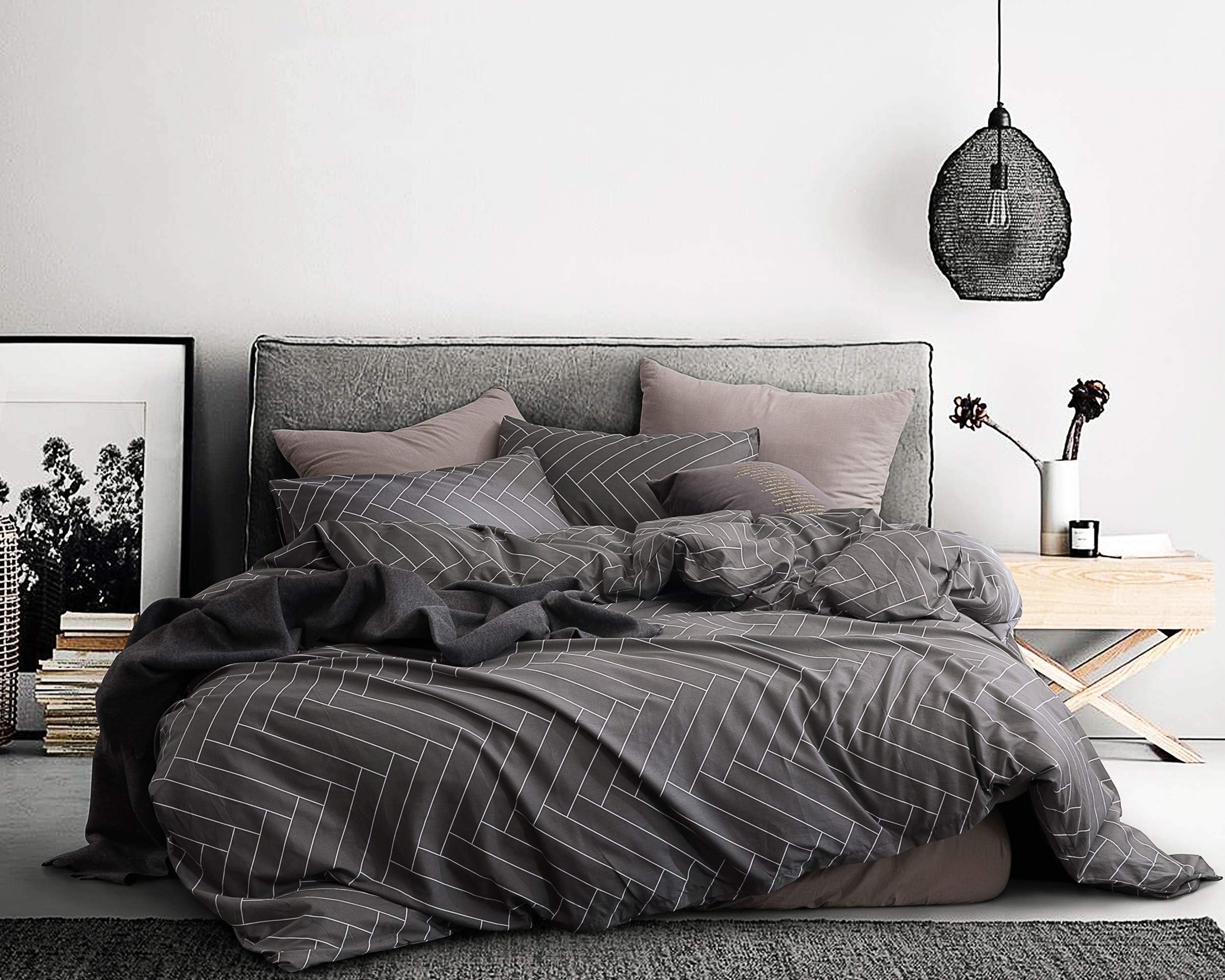 ECOCOTT 3 Pieces Duvet Cover Set King 100% Natural Cotton 1 Duvet Cover 2 Pillowcases, Dark Grey and White Herringbone Printed Pattern Cozy Luxury and Durable Bedding Set