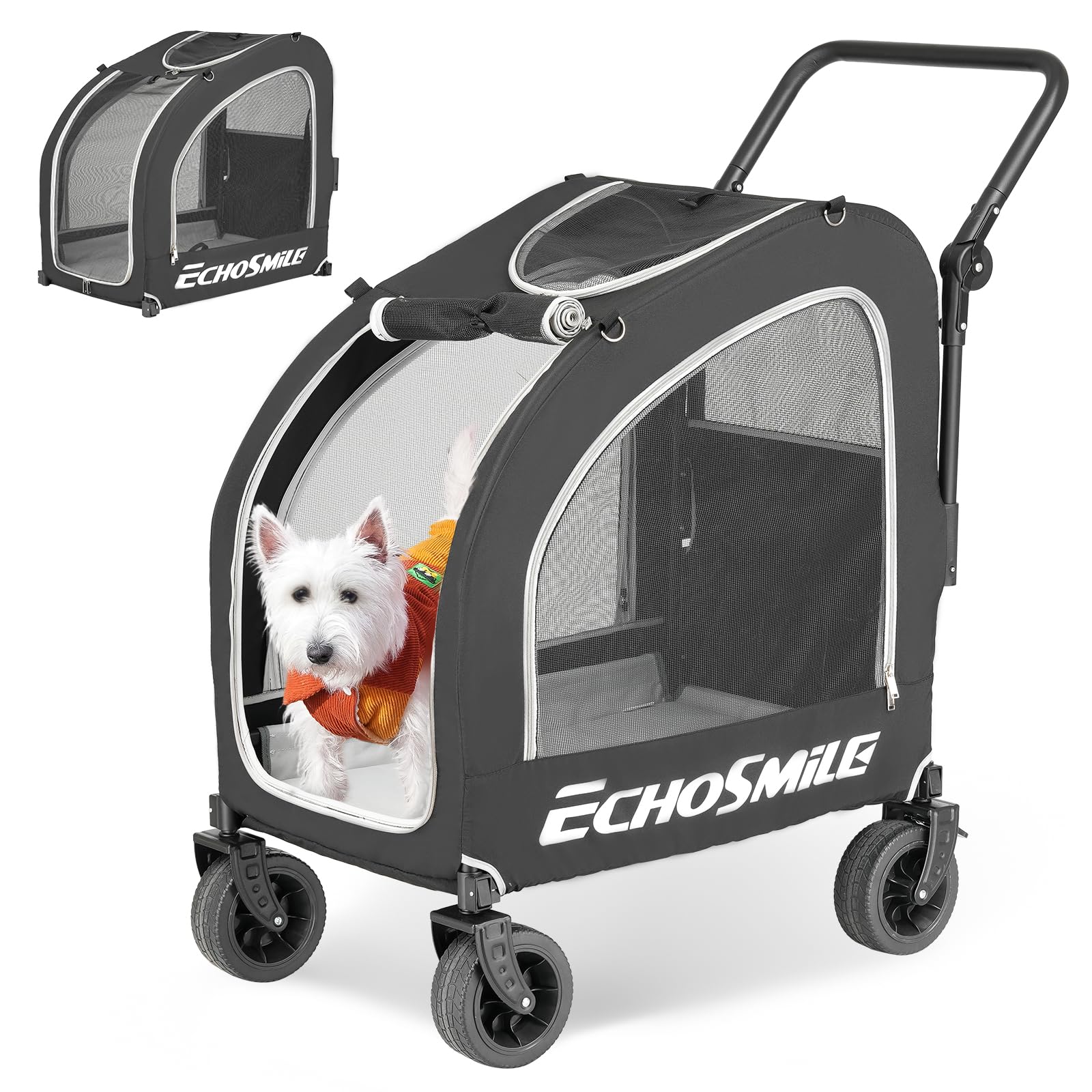 EchoSmile Dog Pram for Small and Medium Dogs up to 20 kg, Off-Road Foldable Dog Buggy with Double Brakes, Seat Belts in Car and Mesh Windows, Black