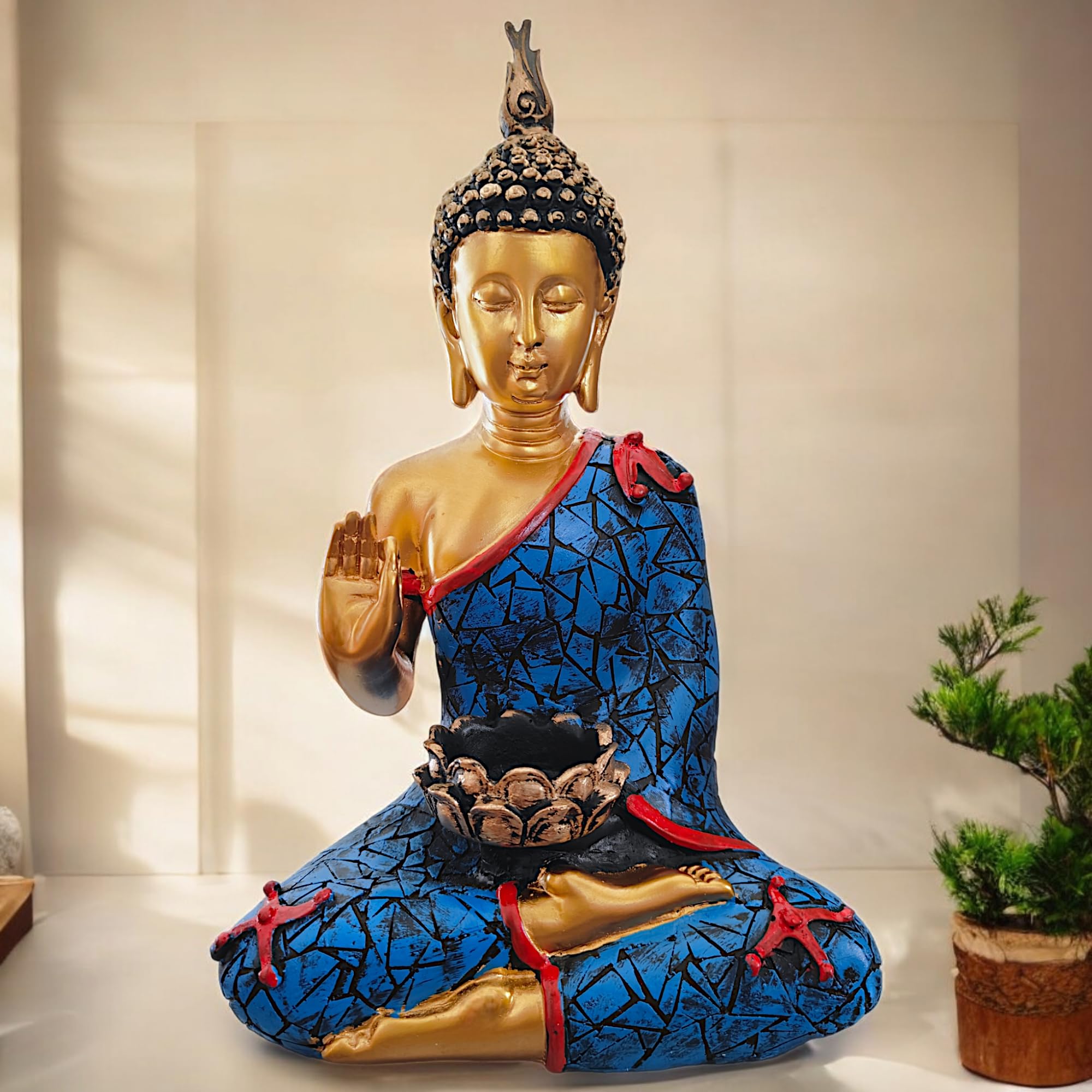 NEELAYA Big 11" Meditating Buddha Statue Showpiece with Tea Light Candle Holder for Home Decor - Living Room - House Warming - Office - Gifting - Buddha Polyresin Figurine (28 cm, Gold, Blue)-image-46