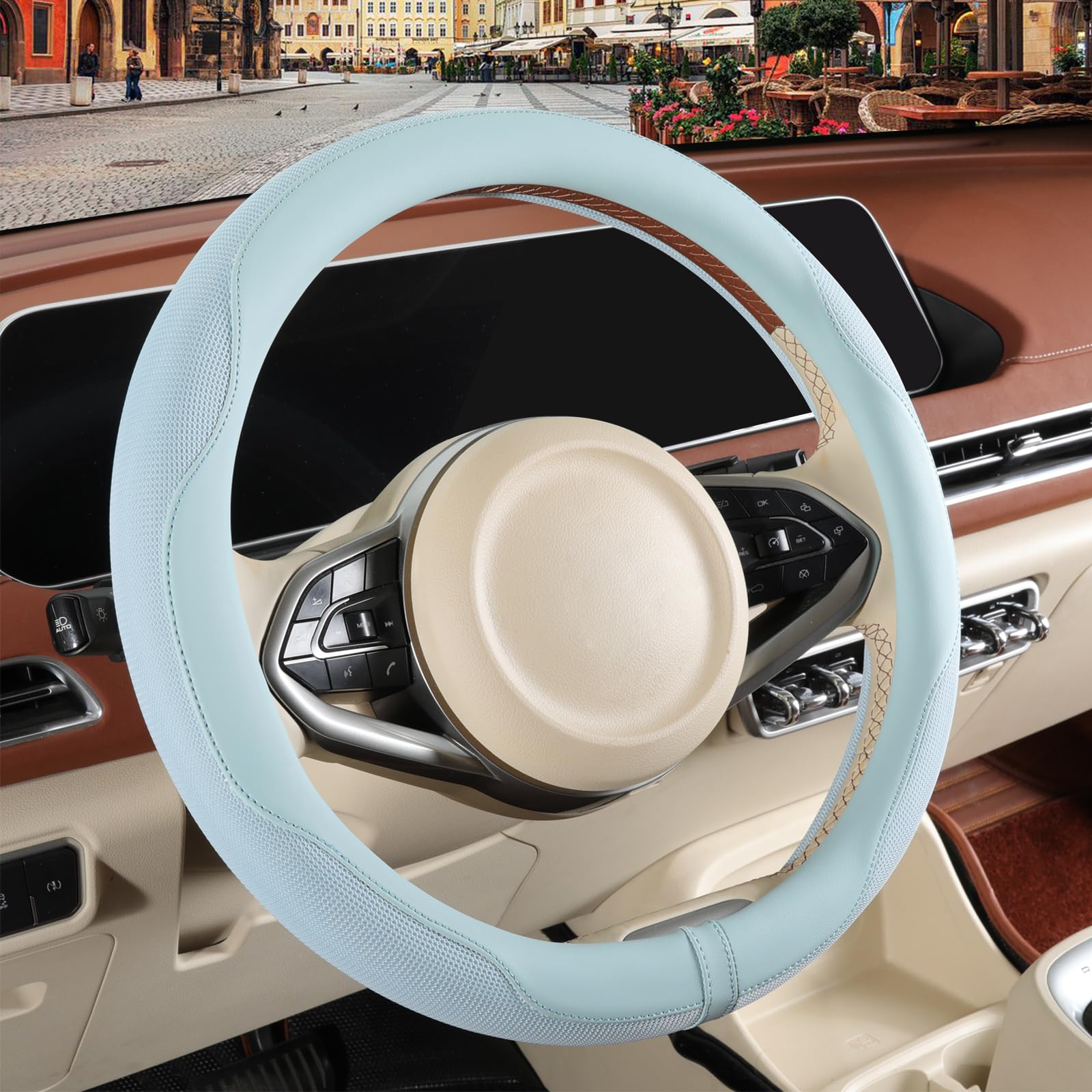Binsheo Nappa Leather Blue Steering Wheel Cover