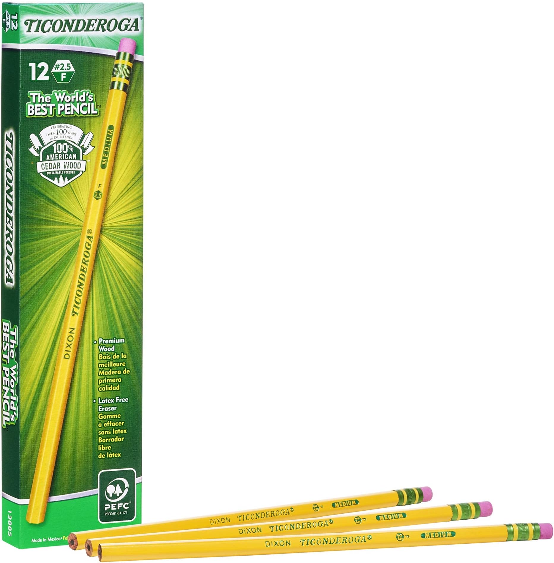 TiconderogaWood-Cased Pencils, Unsharpened, #2.5 F Medium, Yellow, 12 Count