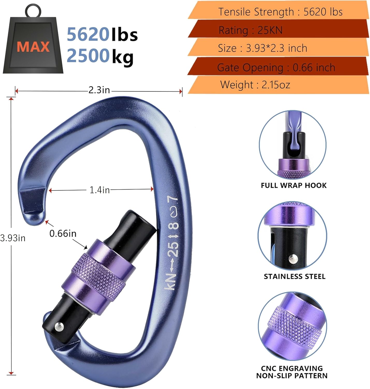 Climbing Locking Carabiner Clip Rappelling - Thorn 25KN Heavy Duty Large Screwgate Carabiners Clips for Rock Climbing,Mountaineer,Hammock,Camping,Gym - Image 2