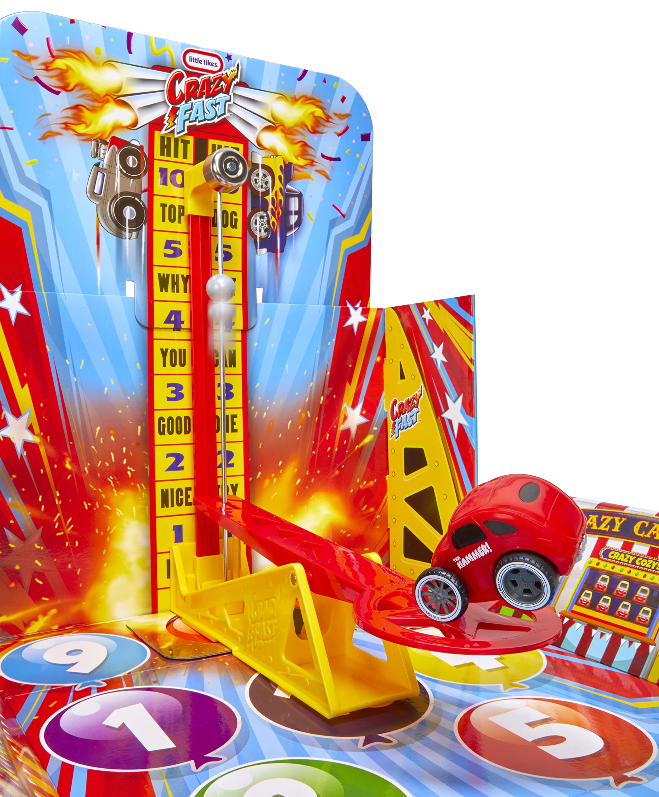 Little Tikes Flip & Fly Carnival Crazy Fast a Tema Luna Park; Con un'Esclusiva Macchinina Giocattolo a Spinta, una Catapulta, una Rampa, 2 Giochi e una Campana; Percorre fino a 15,25 Metri; Età: 3+