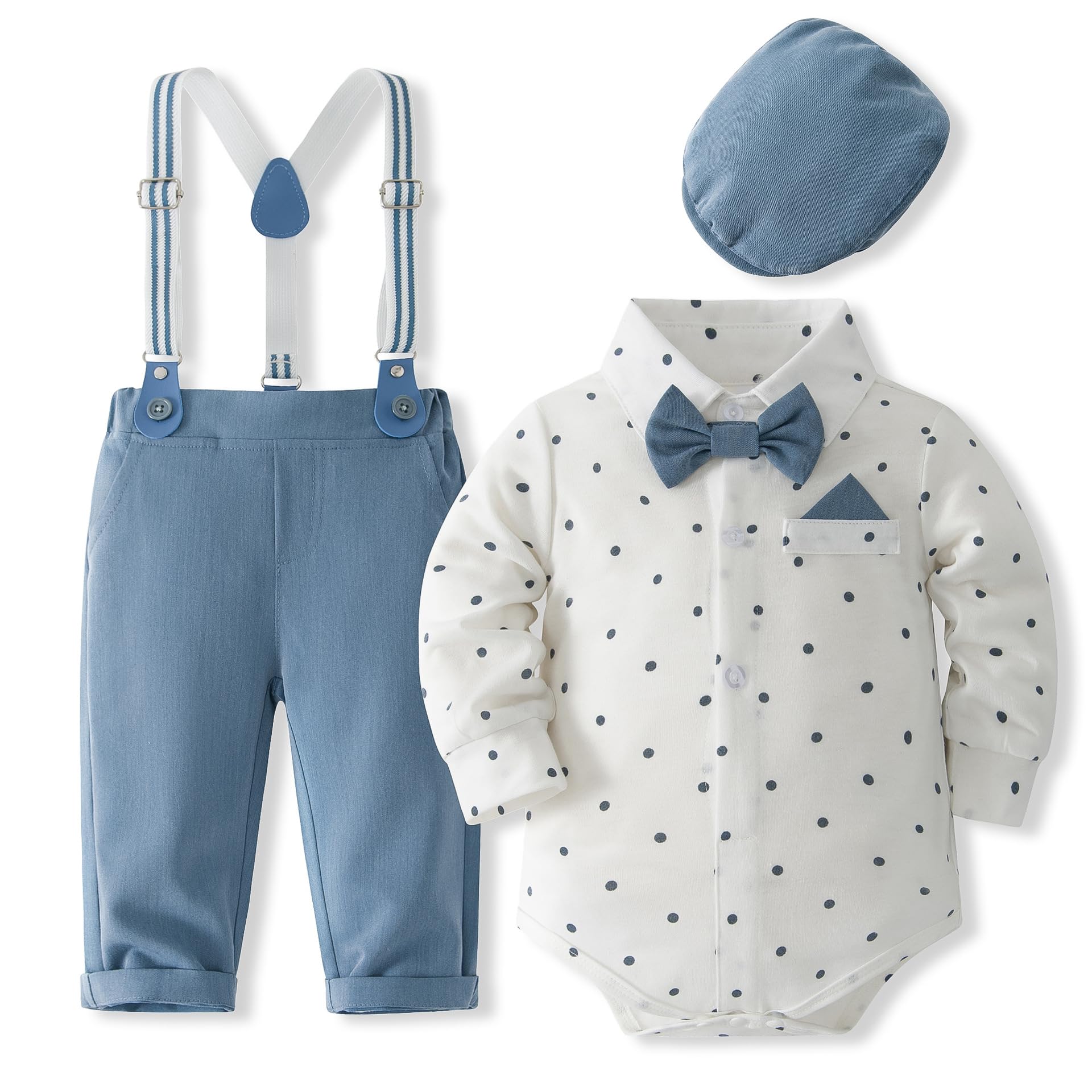 Baby Boy abbigliamento formale Set di abbigliamento da bambino Camicia Romper con papillon bretelle pantaloni e cappello per matrimonio festa di compleanno