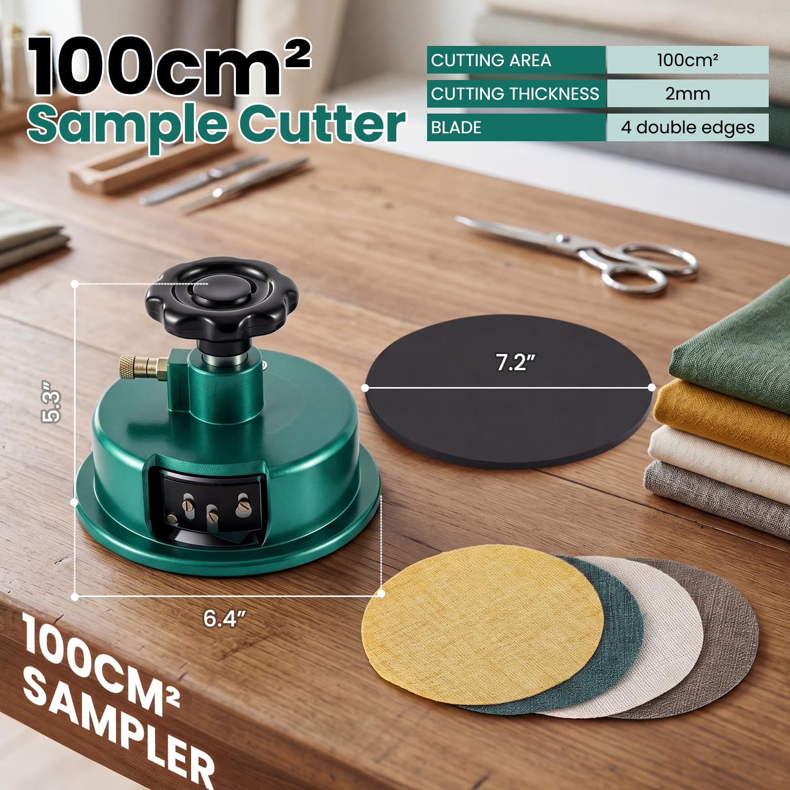 NEWTRY - Balanza Analítica Digital, 1000g/0.01g, GSM Balanza Electrónica de Precisión de Sobremesa, con Disco Ajustable de Muestreo y Cortador de Paño 100cm2 de 0-2mm, para Textil, Telas, Papel