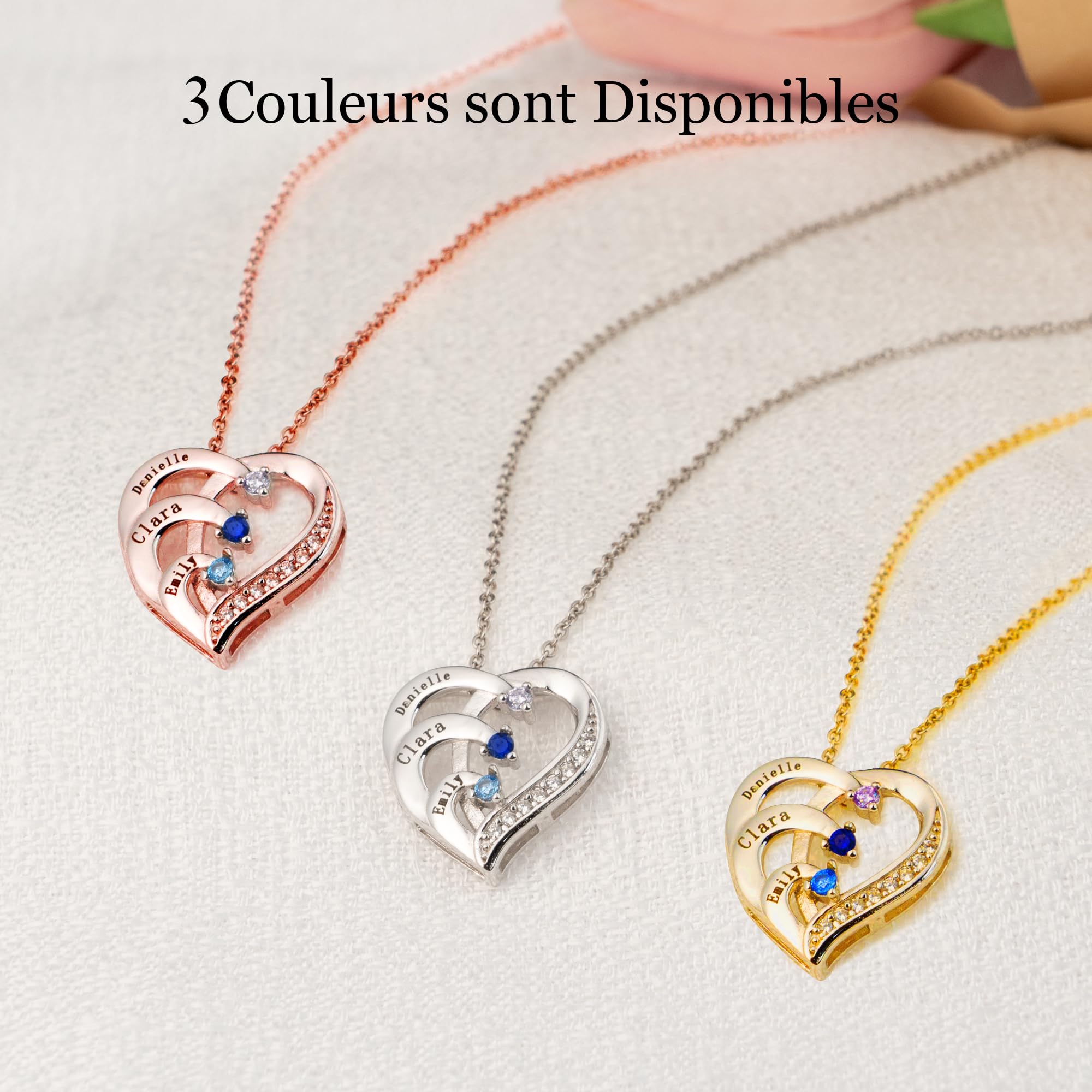 Easycosy Collier Personnalisé Prénom avec Pierres de Naissance Collier gravé 1-4 Nom Collier Pendentif Cœur Bijoux Personnalisé Cadeau Femme Fille Maman Mamie Copine pour Anniversaire Noël St-Valentin