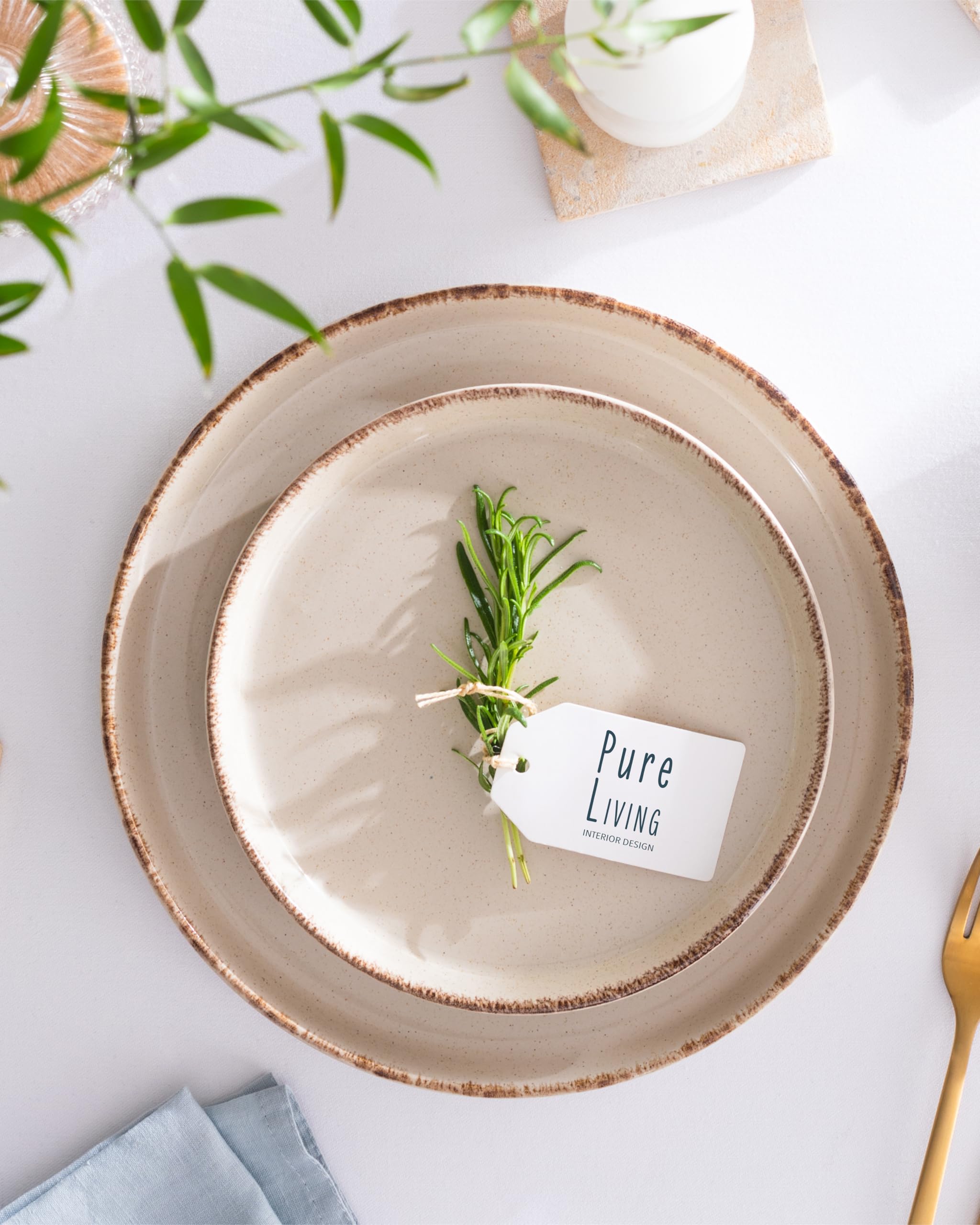 36 Piece Dinnerware Sets for 12 - Rustic design crockery set, dishwasher safe - Bowl and plate set - Pure Living dinnerware in beige