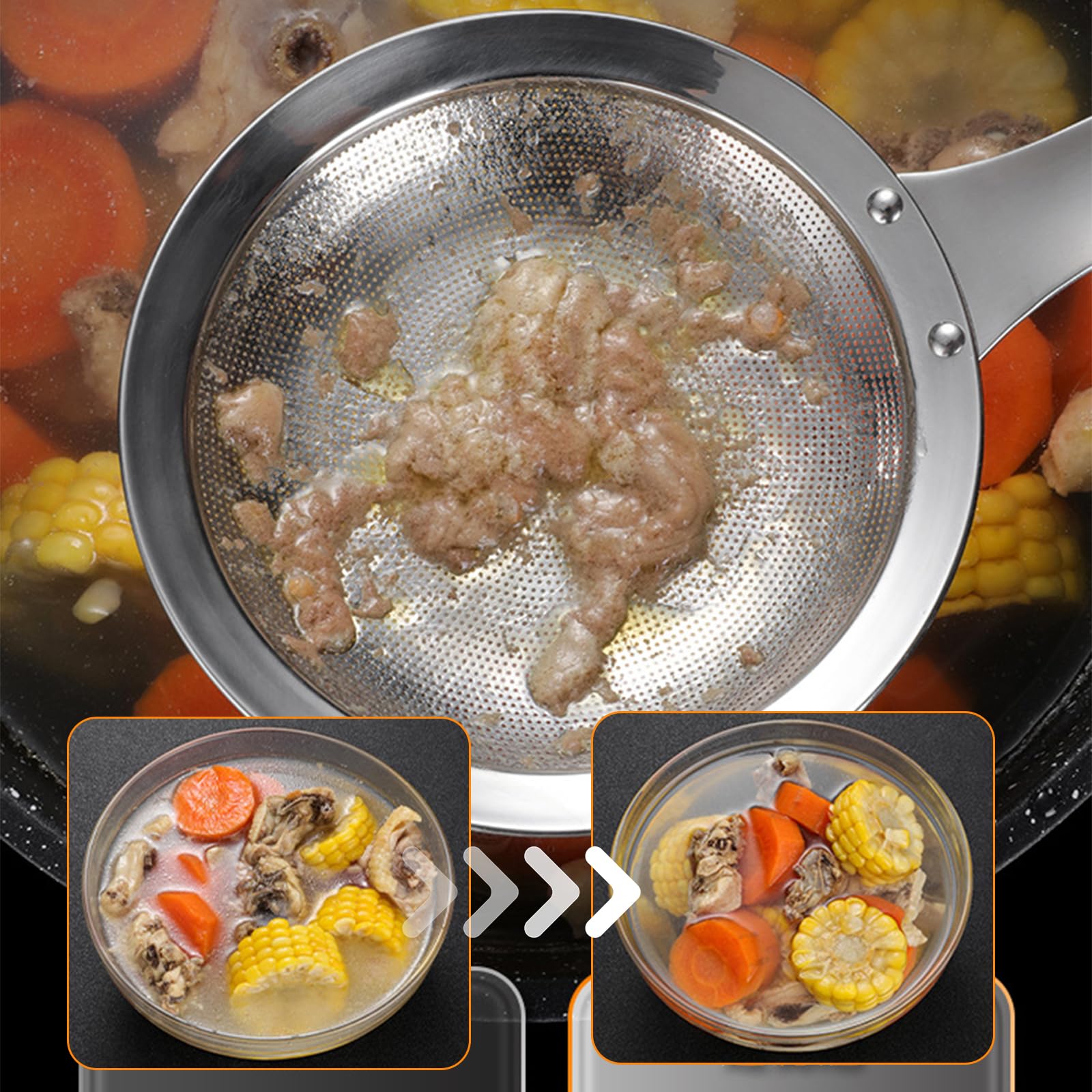 Cocina Espumadera de Malla, 12cm Espumadera Acero Inoxidable, Acero Inoxidable Colador Malla, para Separar Manchas de Aceite, Grasa, Espuma, Aceite de Filtro, Antideslizante y Ergonómic