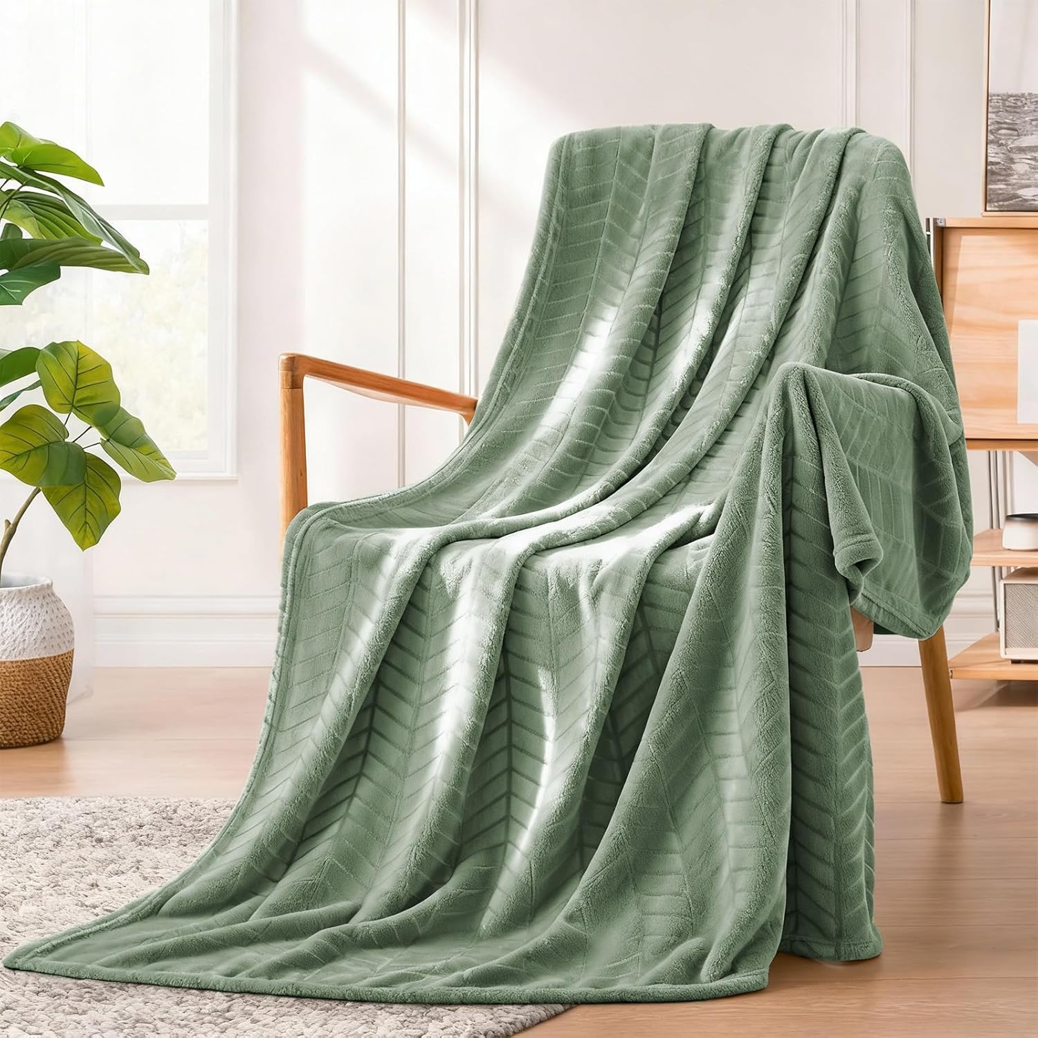 Excervent Soft Brushed Flannel Throw Blanket sage Green Fleece Blankets Chevron Pattern for Sofa, Chair, Couch - Fluffy Warm Cozy Light Green Blanket (50x60 inches) for Adults and Kids