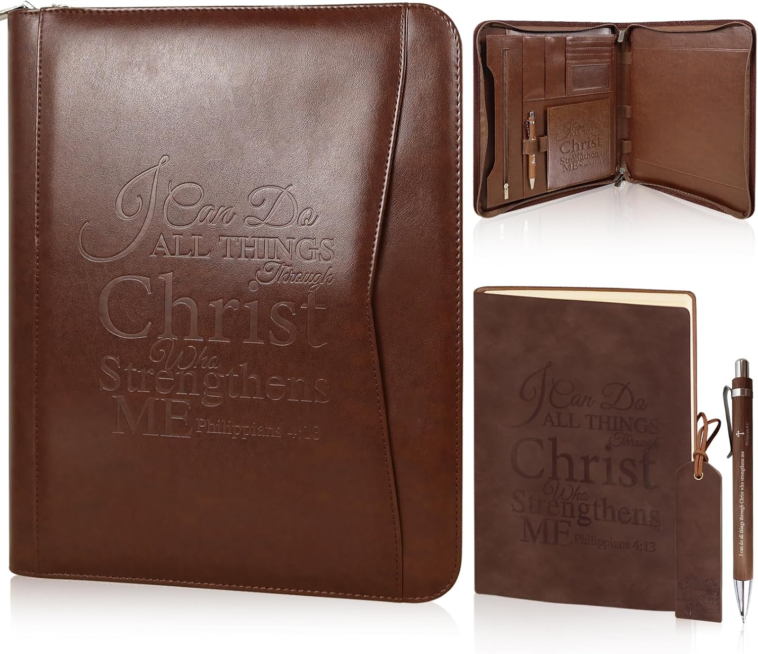 4 Pcs Christian Gifts for Men Pastors Appreciation Leather Bible Portfolio Scripture Notebook Bookmark Pen Religious Present Pastor Kit Supplies Accessories, 'I can do all things' Church Notes Journal