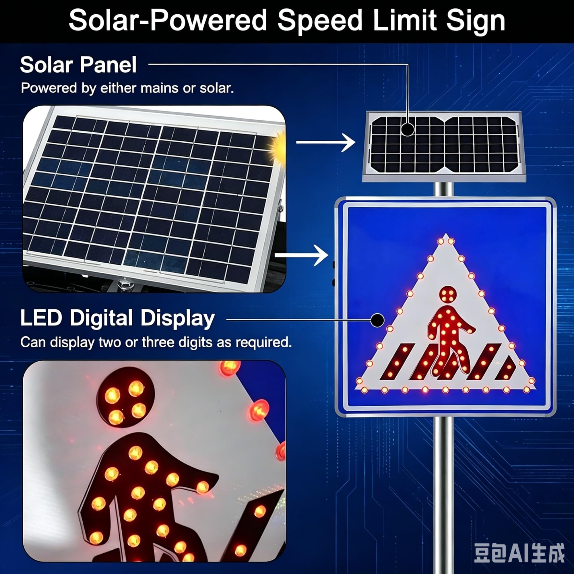 Señal de advertencia de tráfico for cruce de peatones con luz LED solar, aluminio reflectante IP65, visibilidad de más de 1000 m for seguridad de peatones, 24"/30"(30in)