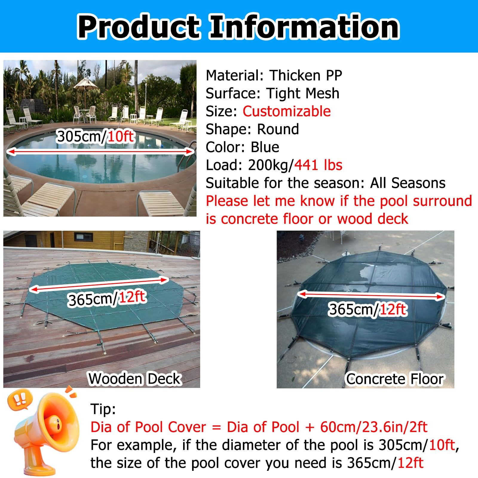 Couverture de Piscine Couverture De Piscine en Maille Résistante pour Piscines Creusées, Protection Hivernale pour Terrasses en Bois Et Sols en Béton(Wooden Deck,10.1m-33')