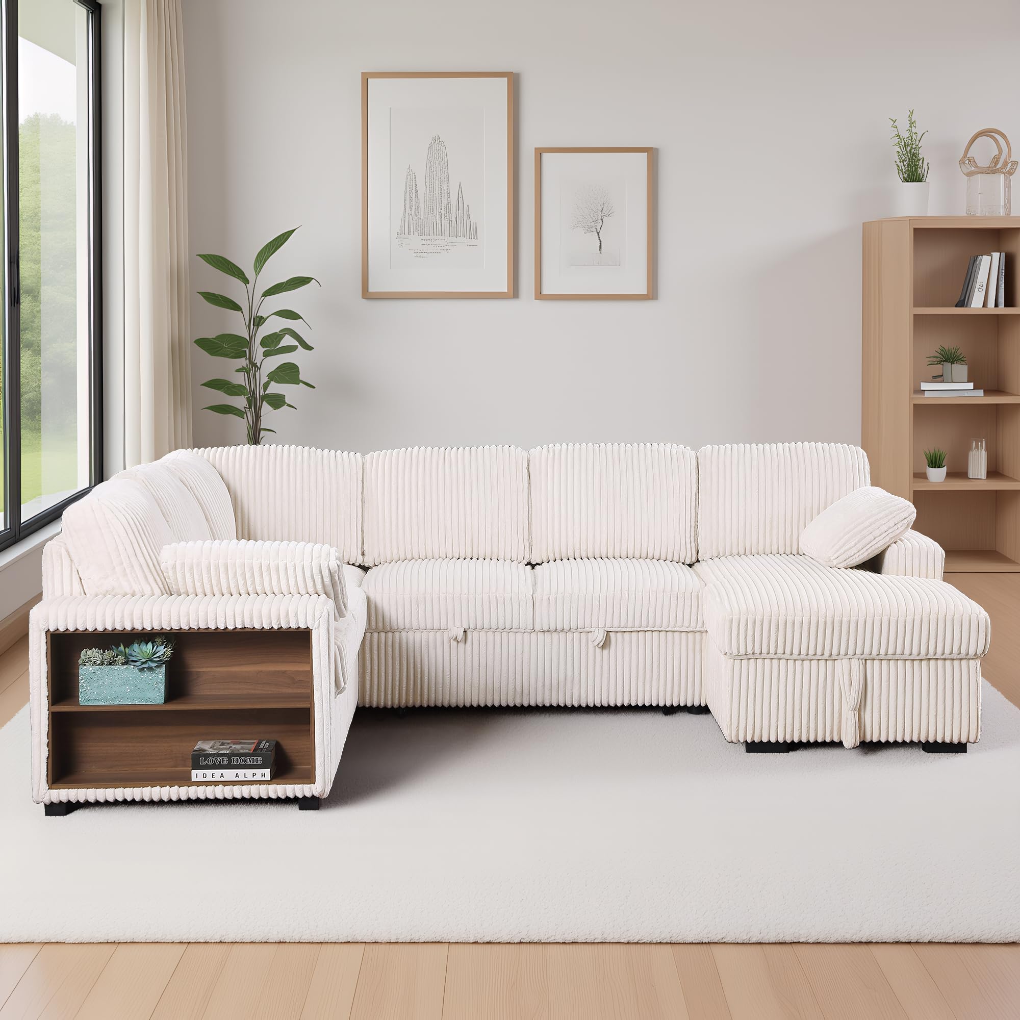 ERYE Oversized U-Shaped Pull Out Sleeper Couch Bed Modern U Shaped Sleeper Sectional Sofa Corduroy Corner Convertible Sofa
