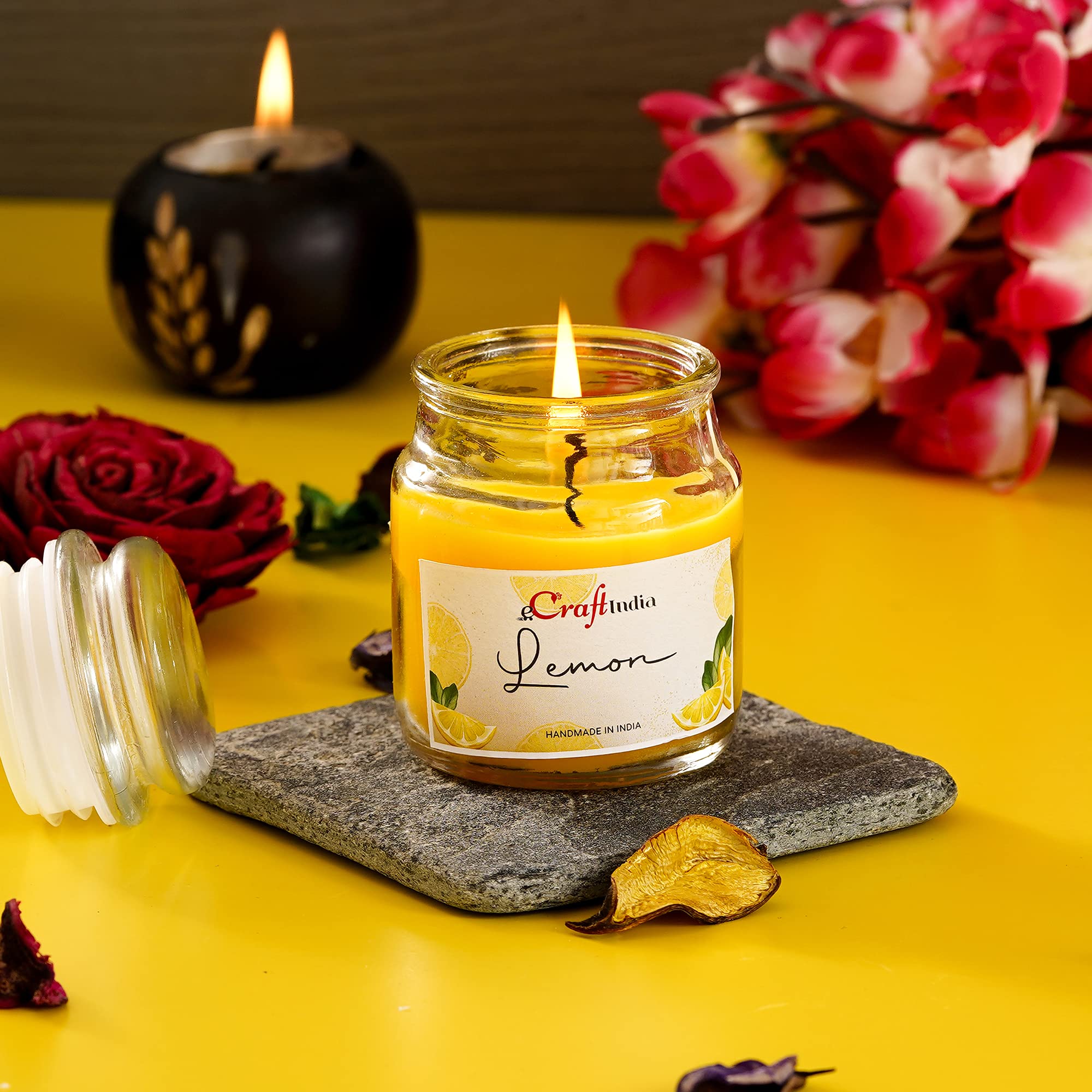 eCraftIndia Yellow Classic Small Jar Lemon Scented Candle for Home Decor, Bedroom | Jar Candles for Diwali Christmas Birthday | Scented Candles Gift Set | Diwali Decoration Items for Home Decor-image-5