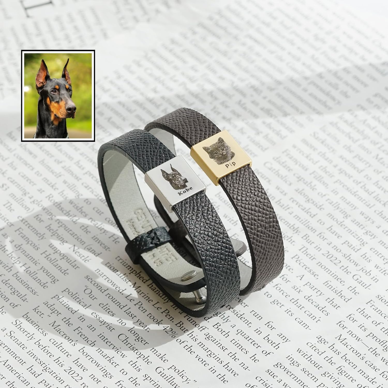 Personalized Pet Gift For Him, Custom Pet Portrait Mens Bracelet, Unique Man Jewelry Gift for Men, Dog Dad, Black Leather, FB-56