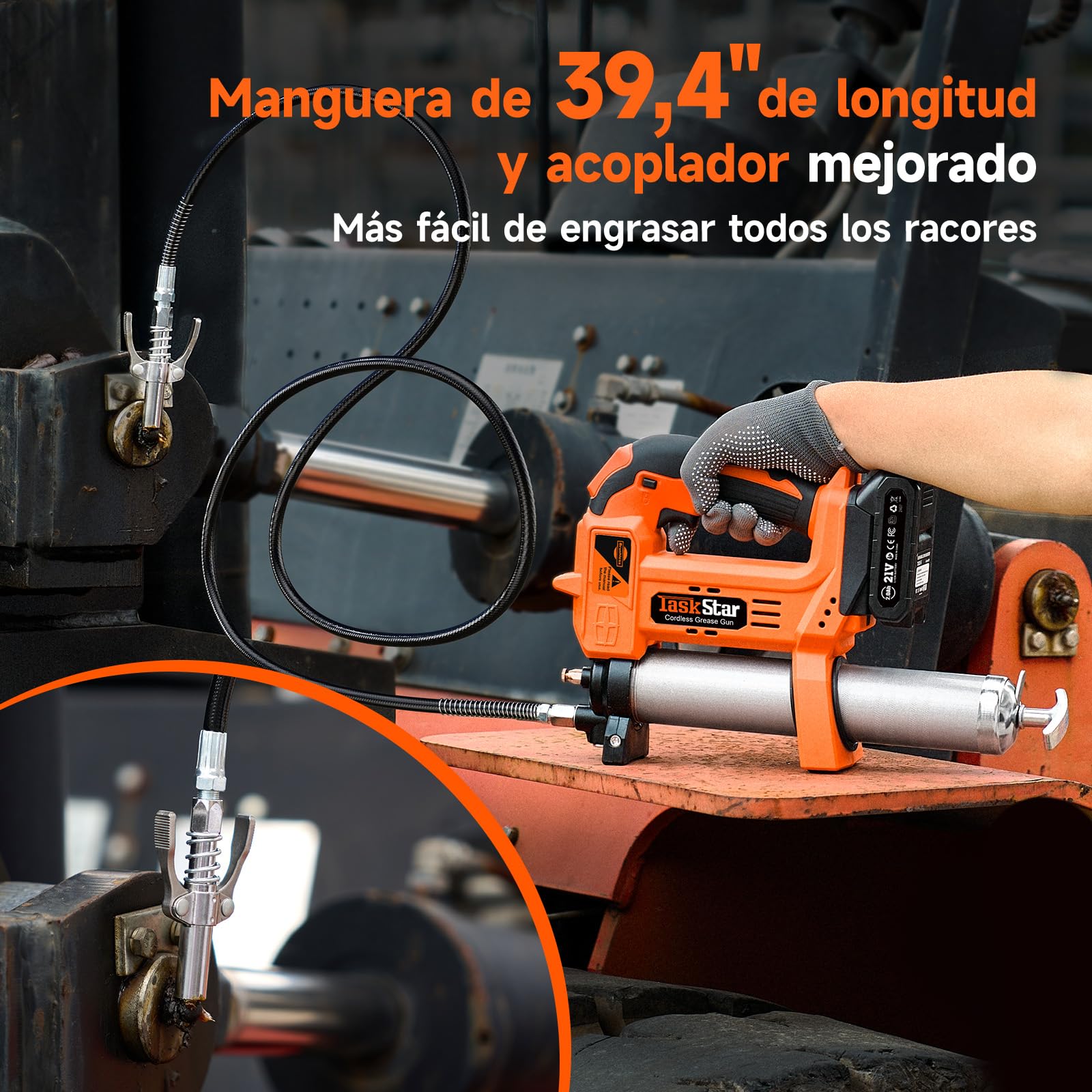 TaskStar Engrasadora a Batería de 10000 PSI: Engrasadora Mejorada con Control Automático del Volumen de Grasa, 2 Baterías *2,0AH, 3 Acopladores - 4,6 oz/min Eficaz para Tractores, Camiones y Máquinas