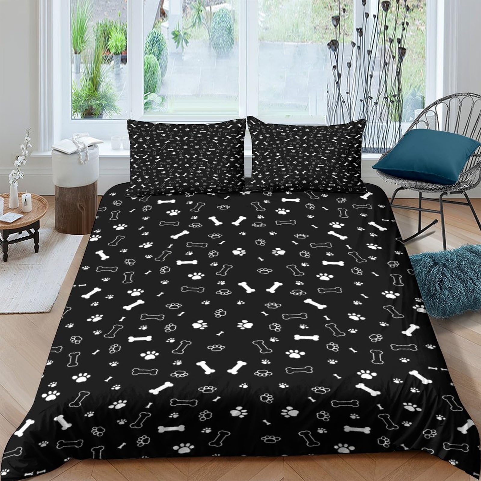 Ctjqhvkz Style-6 3D Printed Dog Bone Pattern Fitted Sheet Microfiber Black Cartoon Puppy Bed Sheet Non Slip Machine Washable For Bedroom Guestroom Single（135X200cm）