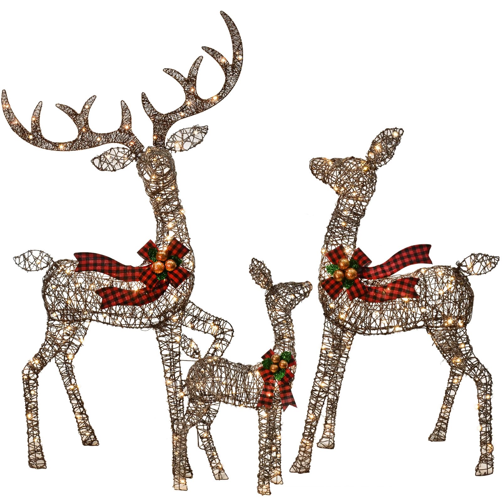 Lot de 3 décorations de Noël d'extérieur en rotin - Cerf lumineux en rotin avec 210 LED - Kit de décoration de cour extérieure avec 3 cerfs lumineux - Marron