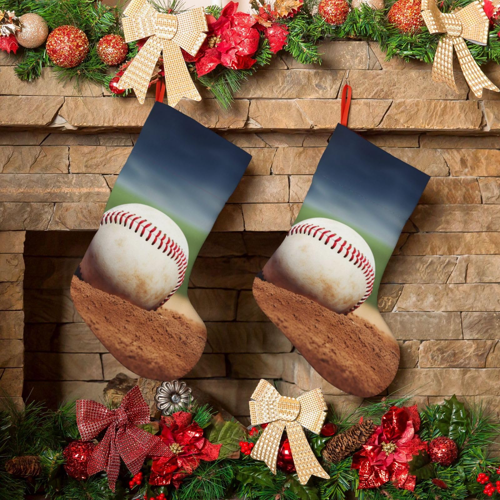 KLOPH Christmas Stockings 18" Personalized Xmas Stocking Baseball Decoration Stocking Hanging Fireplace Stocking for Holiday Xmas Tree Christmas Fireplace Decor