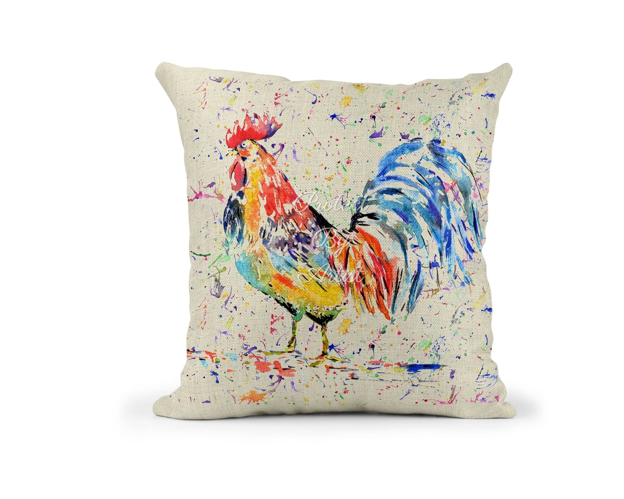 Vixar Cockerel Hen Watercolour Rainbow Art farm animals Linnen Cushion With filling or cover only, 40x40cm, gift, christmas, Birthday (Cover Only) (Cover only)