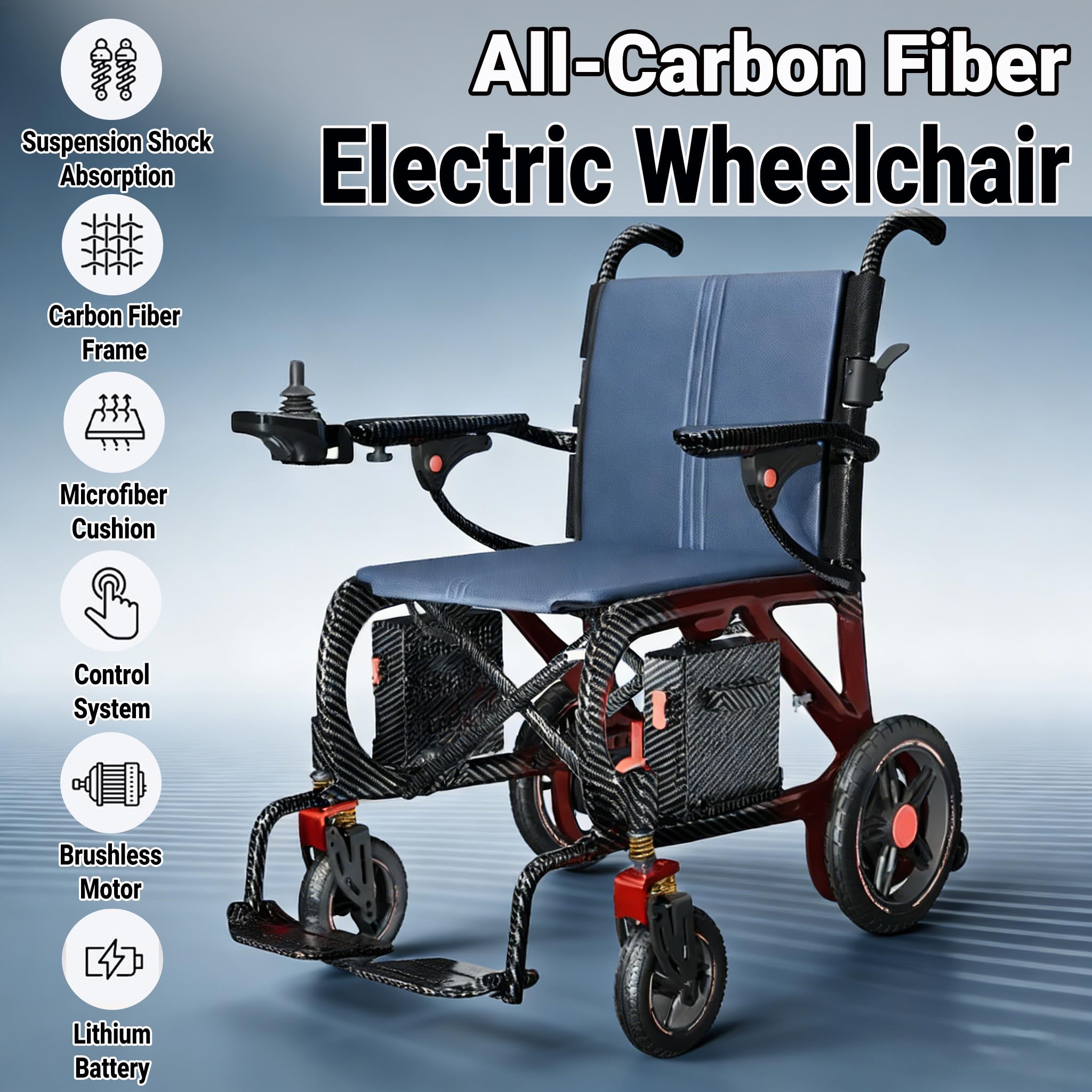 Ultraligera Carbono Fibra Silla de Ruedas Eléctrica Plegable para Adultos, 12 kg, Doble Batería de Litio 10Ah, Motor 400W, Luces, Autonomía de 30 km, Capacidad de 100 kg