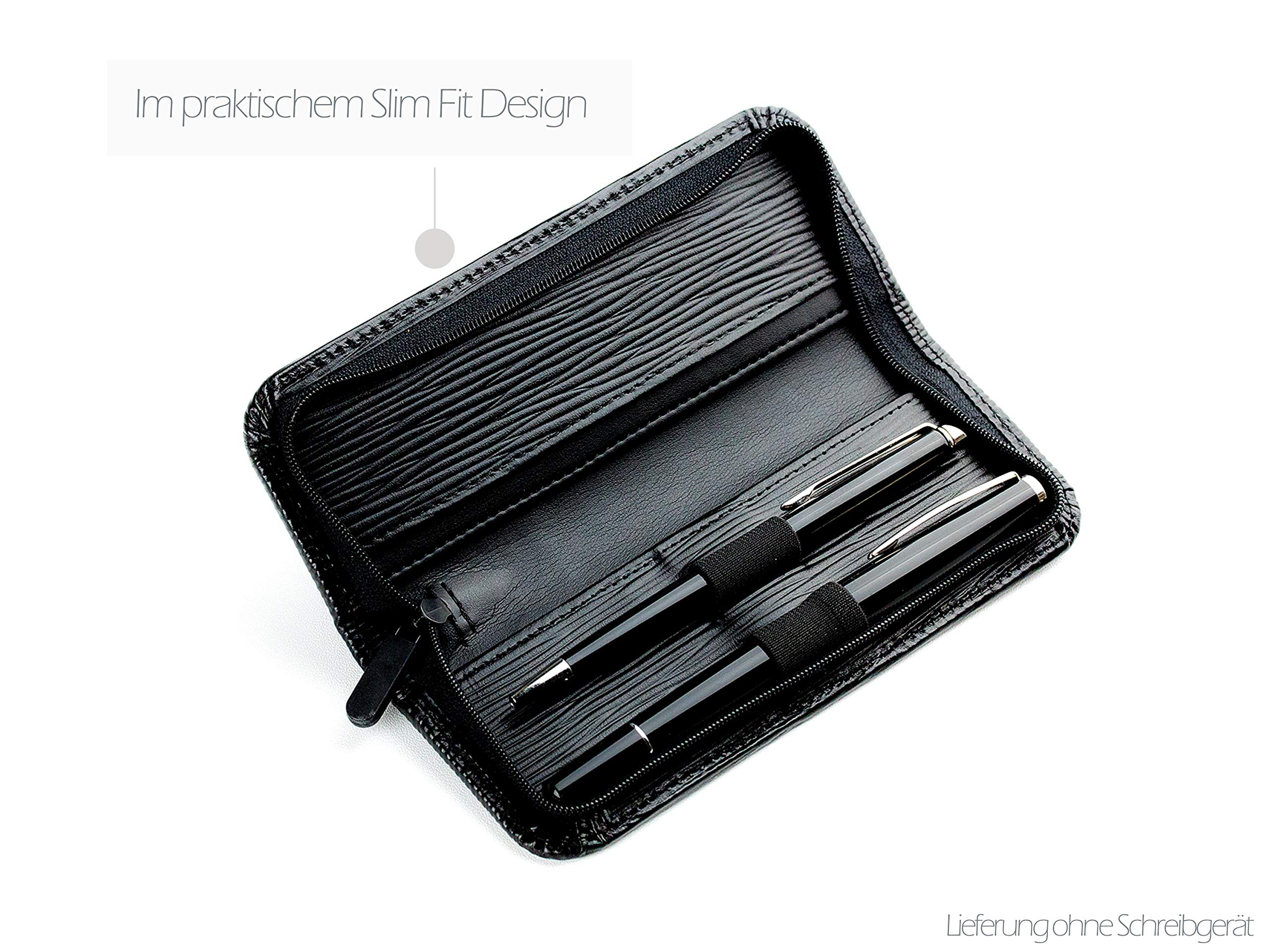 DELMON VARONE - Personalisierbares Schreibgeräteetui aus Premium Manhattan Leder schwarz, Echtleder Stifteetui mit Reißverschluss für 2 Schreibgeräte, Etui für hochwertige Kugelschreiber & Füller