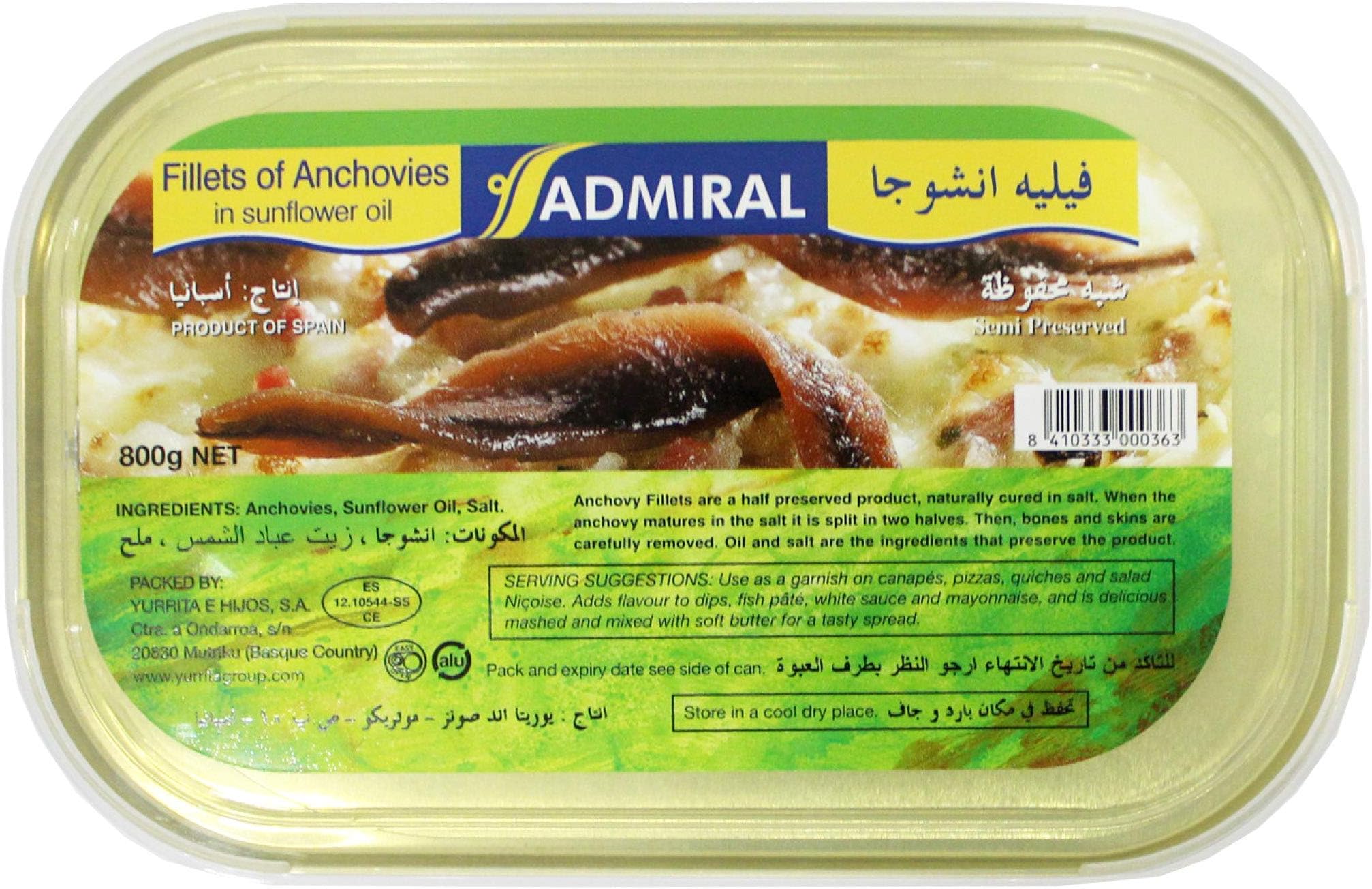 Admiral Fillets of Anchovies in Sun Flower Oil - 800G