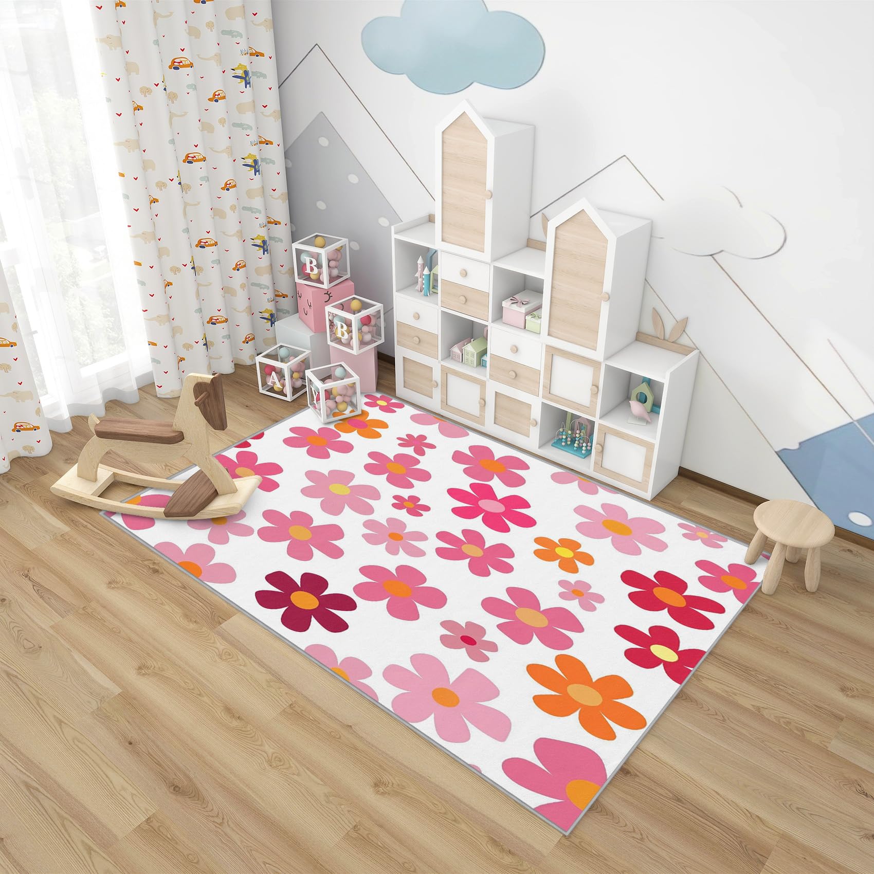 Generisch Blumen Teppich Kinderzimmer - Teppich Wohnzimmer Schlafzimmer Rosa Blumen, Kleiner Teppich Kinder Mädchen, Weich Kurzflor & Waschbar & rutschfest Fussmatte Innen, Kinderteppich 80x150 cm