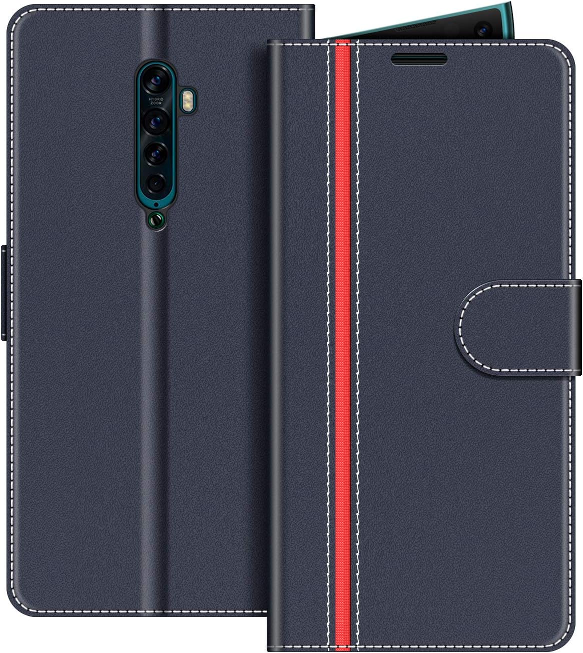 COODIO Phone Case For OPPO Reno 2, Magnetic Flip Leather Case For OPPO Reno 2 Wallet Case, Dark Blue/Red