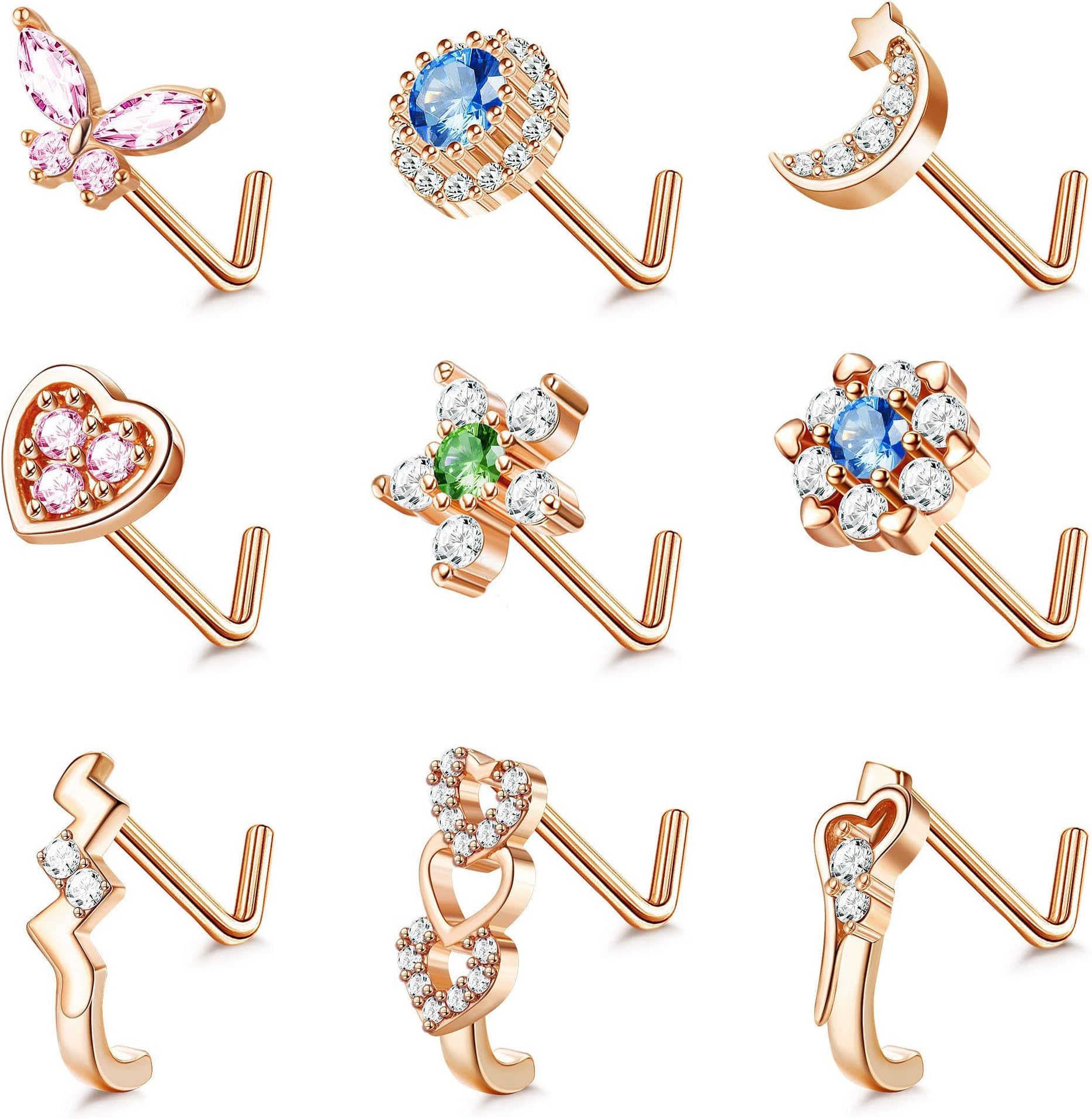YADOCA9pcs 20G Nose Piercing Snowflake Star Surgical Steel L Shape Nose Studs Triple Linear Gem Ball Diamond Round CZ Small Nose Piercing Jewelry