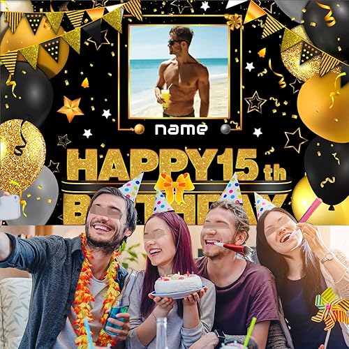 Miniatura 6 de Cartel decorativo personalizado en negro y dorado para fotos y nombres personalizados, suministros de celebración de feliz cumpleaños de 15 años