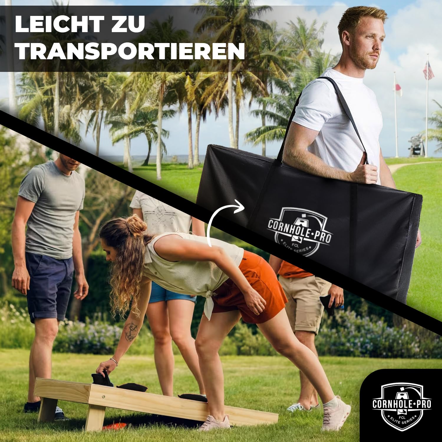 Cornhole Toss – Leicht & Faltbar aus Stoff 90×60 cm – Set mit 2 Boards + 8 Säcken + Tragetasche – Wurfspiel für draußen, Garten, Events – Original Corner