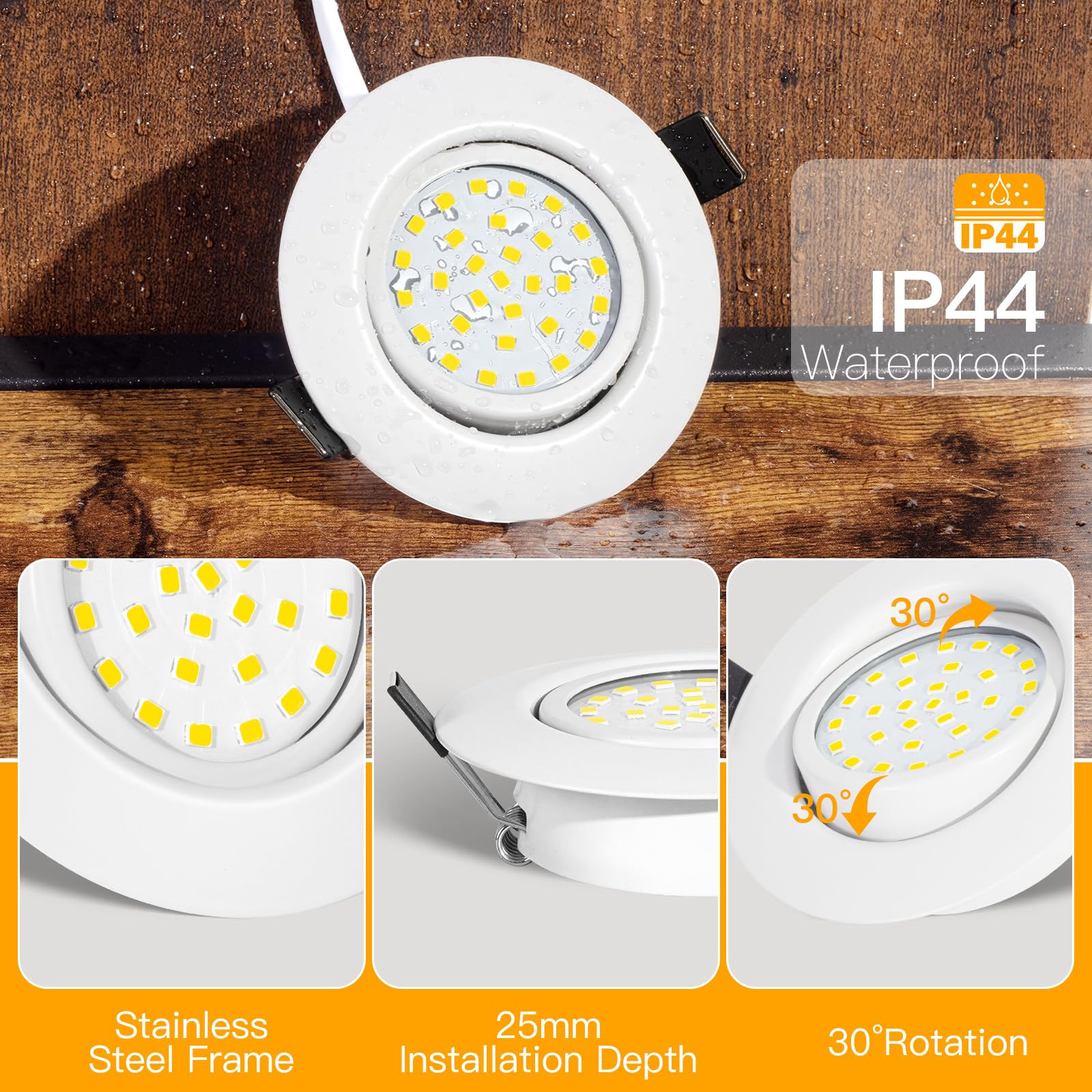 Reflektor LED do zabudowy, bardzo płaski, 25 mm, wpuszczany reflektor 2700 K, ciepła biel, 5 W, 600 lm, Equi. 70 W żarówka halogenowa IP44 wpuszczana sufitowa, do łazienki, salonu, pudełko 10 sztuk