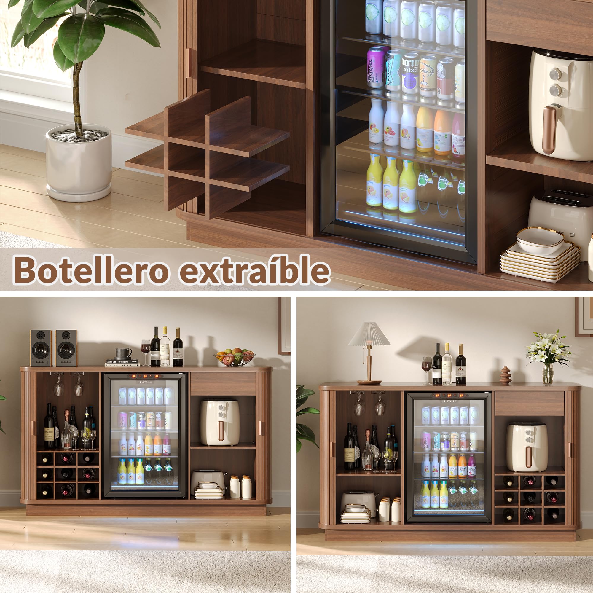 Aparador buffet estriado de 130 cm de largo, mueble bar de café con espacio para refrigerador,mueble bar de vinos retro con puertas enrollables,estantes ajustables y botellero para cocina y comedor