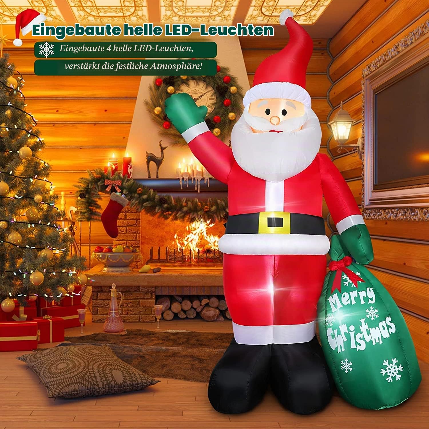 Aufblasbarer Weihnachtsmann 240CM mit LED Beleuchtung, Weihnachtsdeko Christmas Santa mit Grünetüte, IP44 Wetterfest Riesen Figur Nikolaus Santa, Innen Draußen Beleuchtung Deko für Garten Rasen Hof