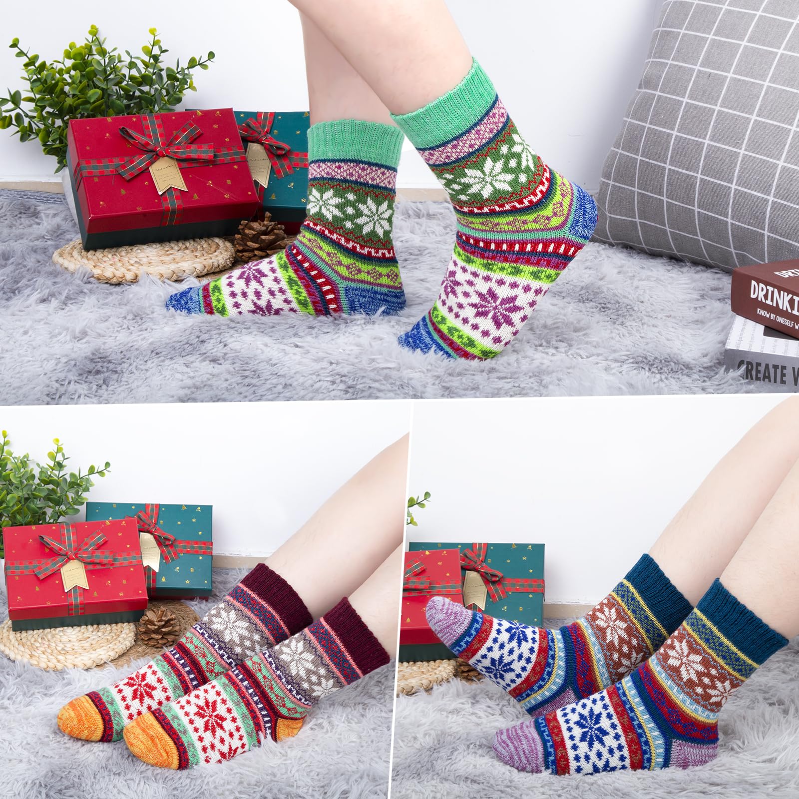 YSense Snug 5 Paia Calze Donna Lana Invernali, Termiche Divertenti, Vintage Natalizi Fantasia