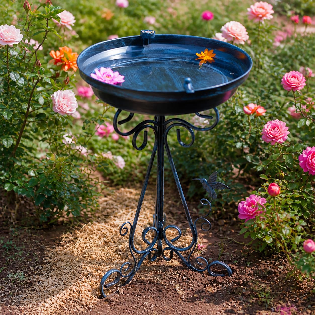 Vogeltränke Gartendeko, Dunkelblaue Metall Vogeltränke mit Ständer, 1000ml Vogelbad für Wildvögel, 45cm Ornate Gartenstecker Stehend