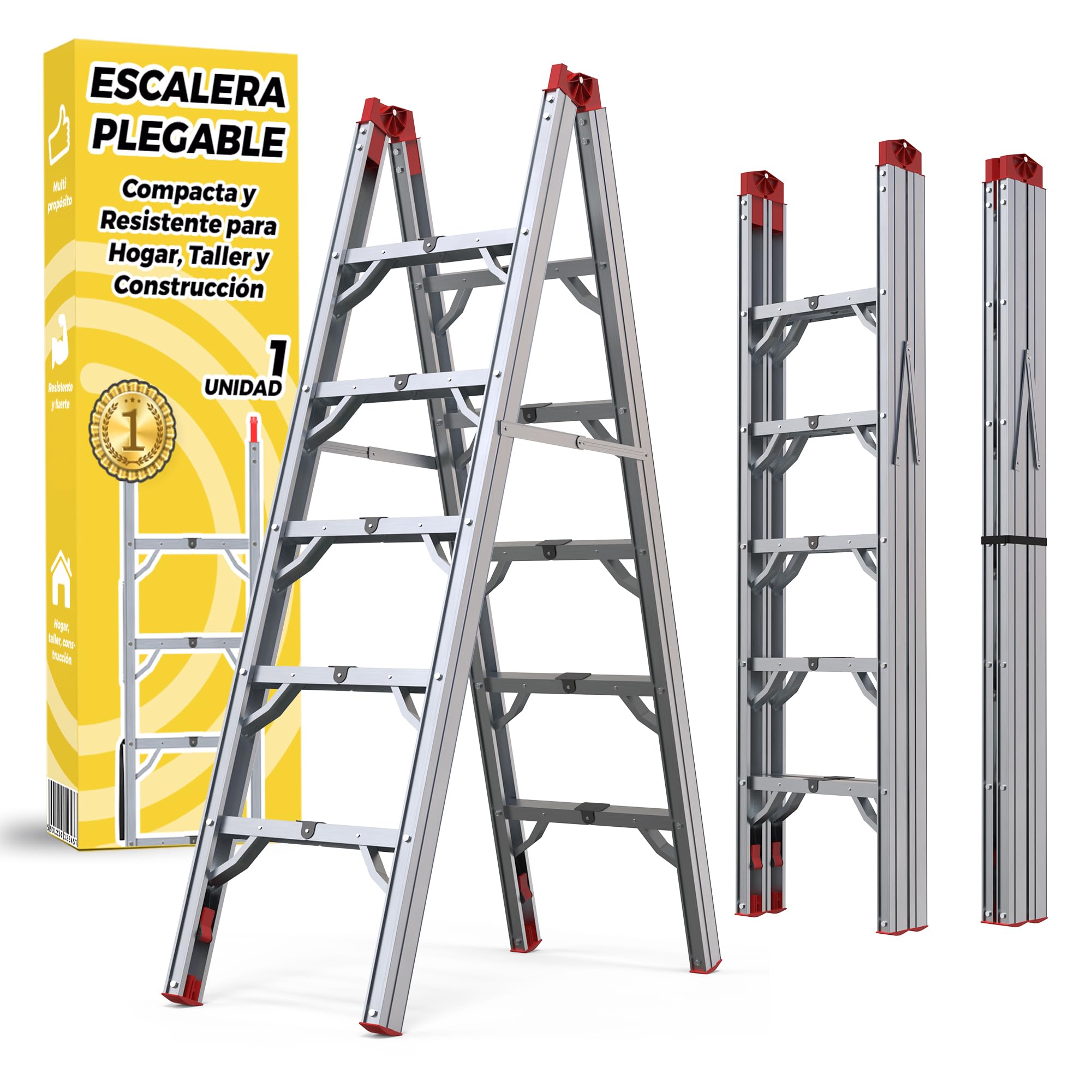 Escalera Plegable de Aluminio 5 Peldaños - Escaleras Plegables Aluminio 180 cm - Segura y Antideslizante para Hogar, Taller y Construcción - Plegado Compacto y Rápido para Espacios Reducidos