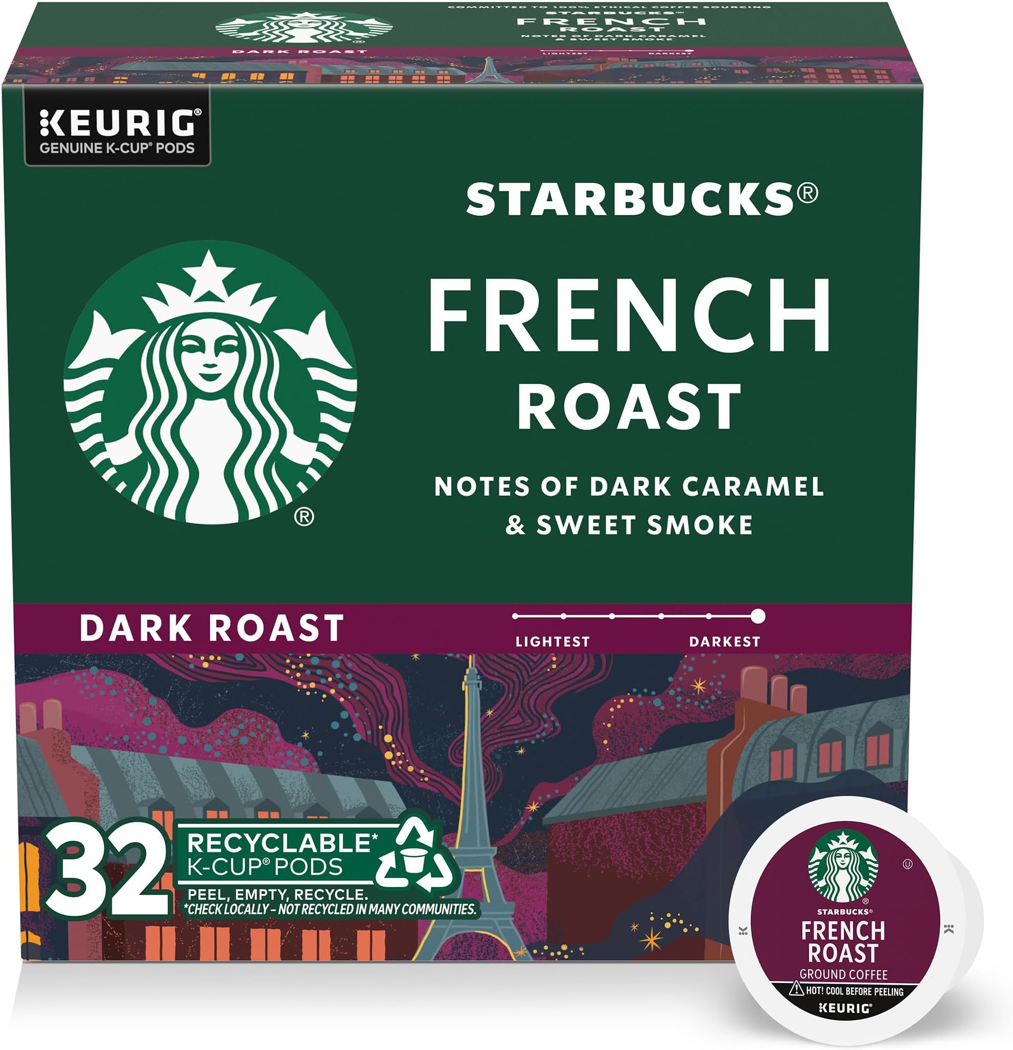 Starbucks K-Cup Coffee Pods, Dark Roast Hot or Iced Coffee, French Roast, 32 Keurig Pods
