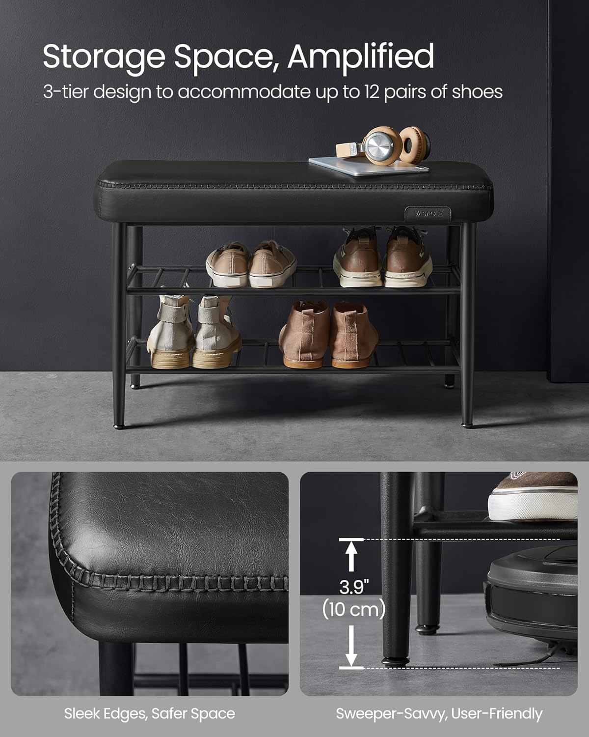 VASAGLE EKHO Collection - Shoe Bench, Storage Bench, Shoe Rack Bench Entryway, Synthetic Leather with Stitching, Mid-Century Modern, Loads 135 kg, 30 x 80 x 50 cm, Ink Black ULSB054B01 - Image 9