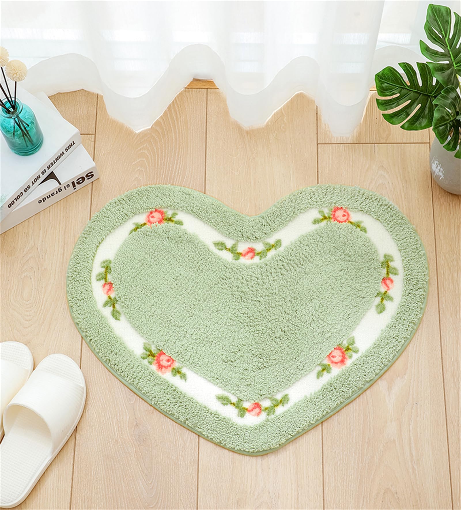 Heart Shaped Floral Rural Style Rug, Water Absorbent Bathroom Floor Mat, Shower Rug Bedroom Living Room Carpet (17.7x19.7inches, Green)