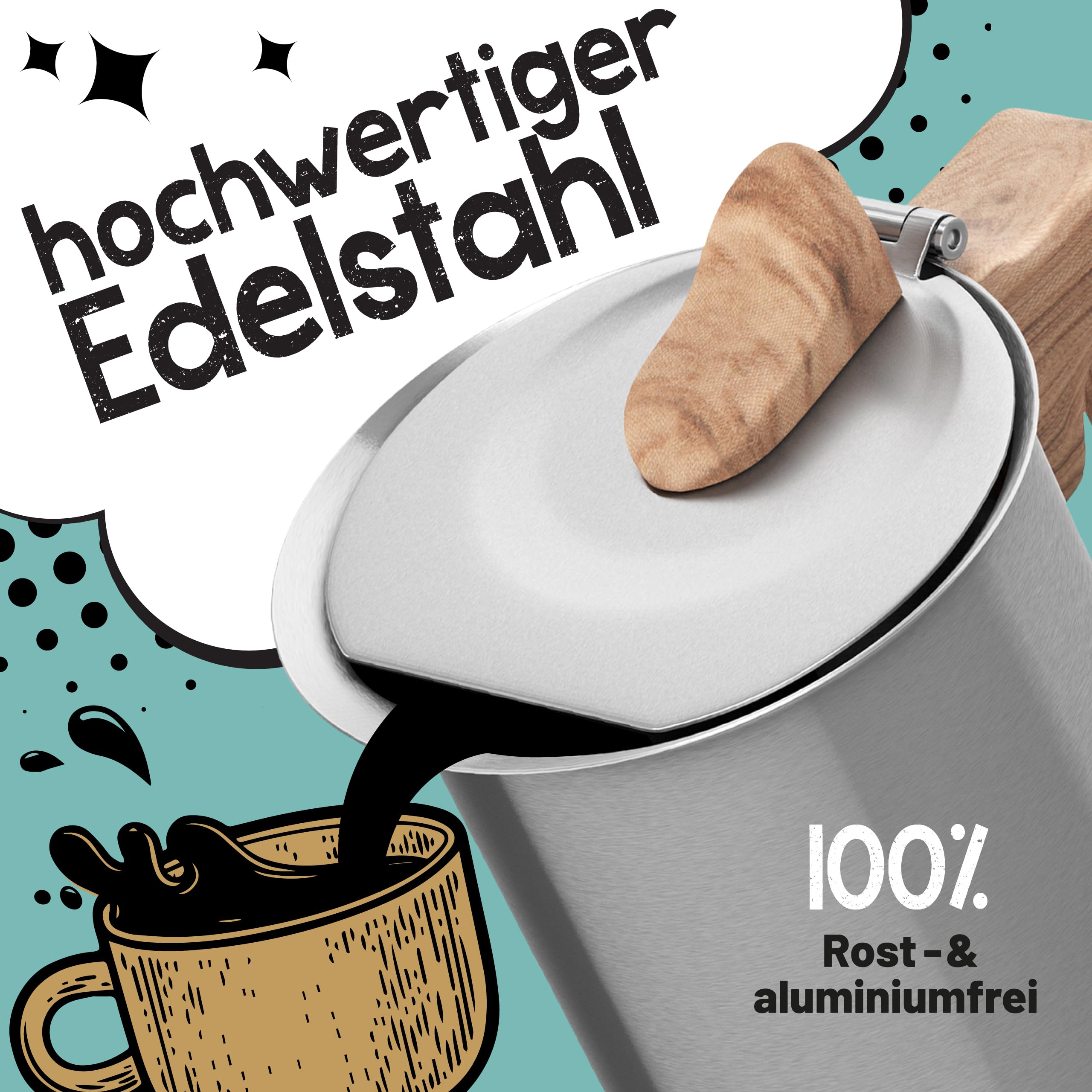 Morgenheld STYLE Espressokocher Edelstahl 6 Tassen (300 ml) – induktionsgeeignet, für alle Herdarten – Mokkakanne mit Spülmaschinen-Einsatz – auch für Camping & Outdoor