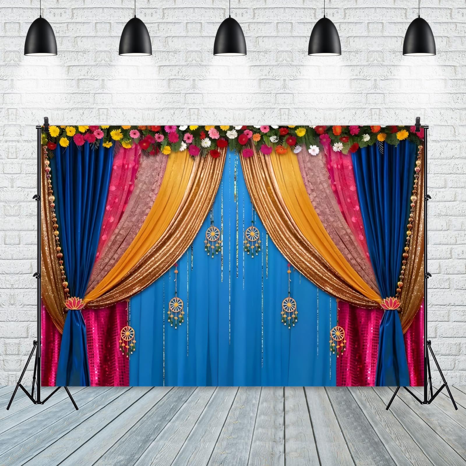 Leowefowa 15x10ft Vinyl Indian Traditional Backdrop Decorations Macrame Marigold Garland Colorful Curtain Photography Background India Hindu Wedding