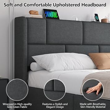 Brinlawb Double Ottoman Bed Frame with Hydraulic Storage, Upholstered Double Bed Frame with Adjustable Headboard and Power Strip, 135x190 cm Platform Bed Frame with Ample Under-Bed Storage Space, Grey