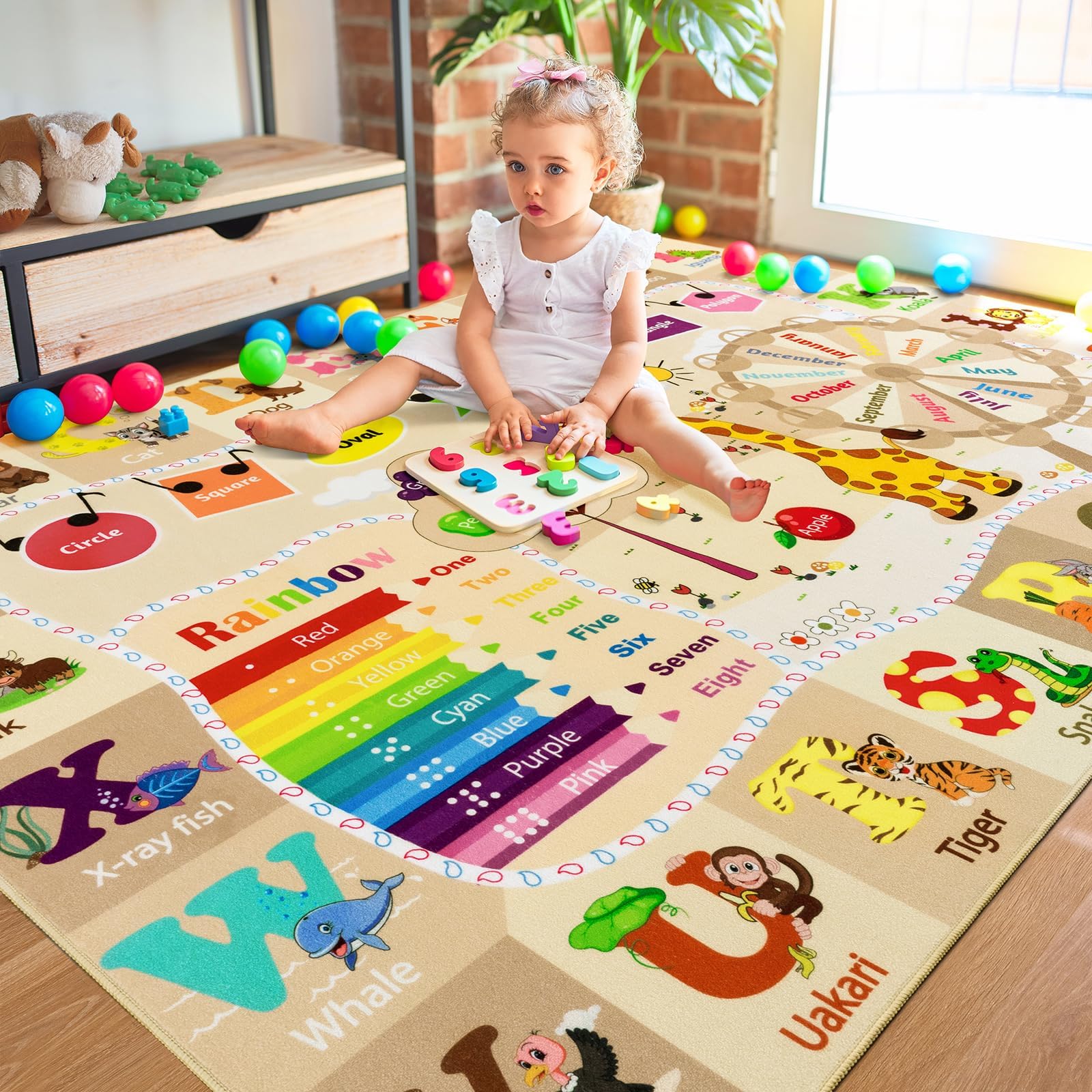 Grand tapis de salle de jeux pour enfants – Tapis éducatif et amusant avec lettres de l'alphabet ABC – Tapis lavable pour salle de classe – 152 x 24 cm – Beige