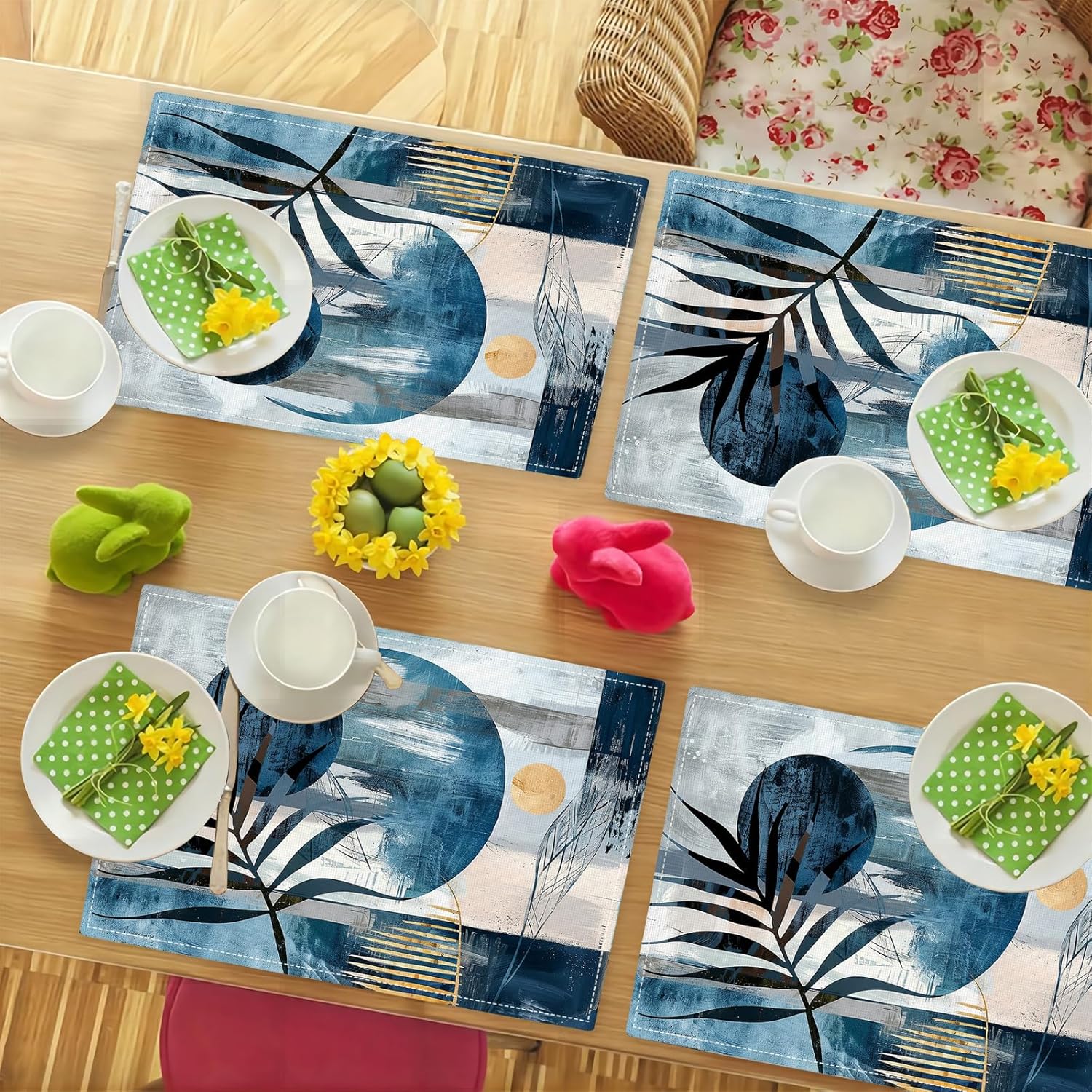 Abstract Palm Leaf Placemats Set of 6 Navy Golden Sun Table Mats Floral Leaves Plants Place Mats 12x18 Inch for Party Kitchen Dining Restaurant Decoration