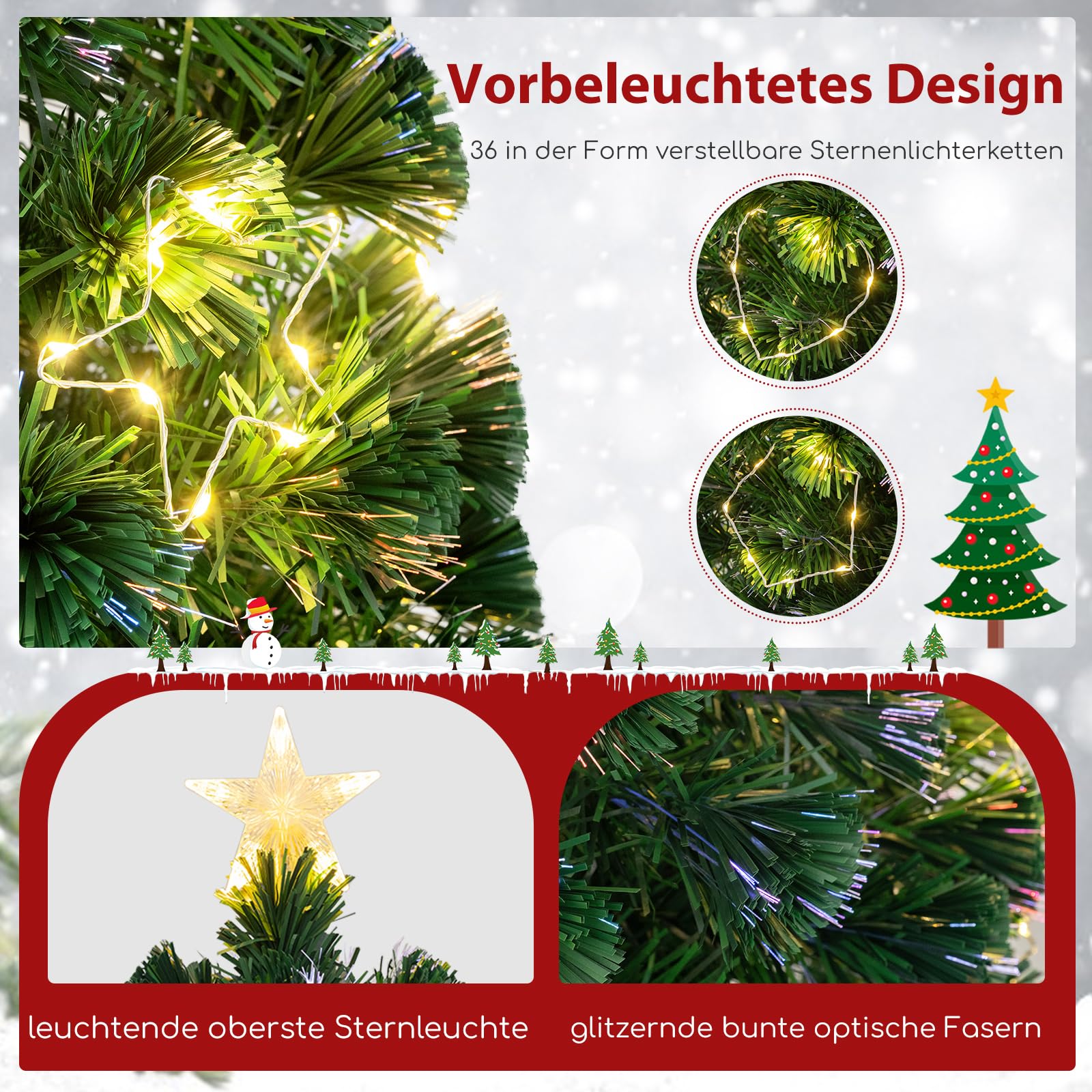 COSTWAY Künstlicher Weihnachtsbaum mit Beleuchtung, 180 cm Tannenbaum aus Glasfaser mit 36 warmweißen LED-Lichtern & 230 Zweigspitzen, Christbaum Kunstbaum beleuchtet mit Sternspitze für Zuhause Büro