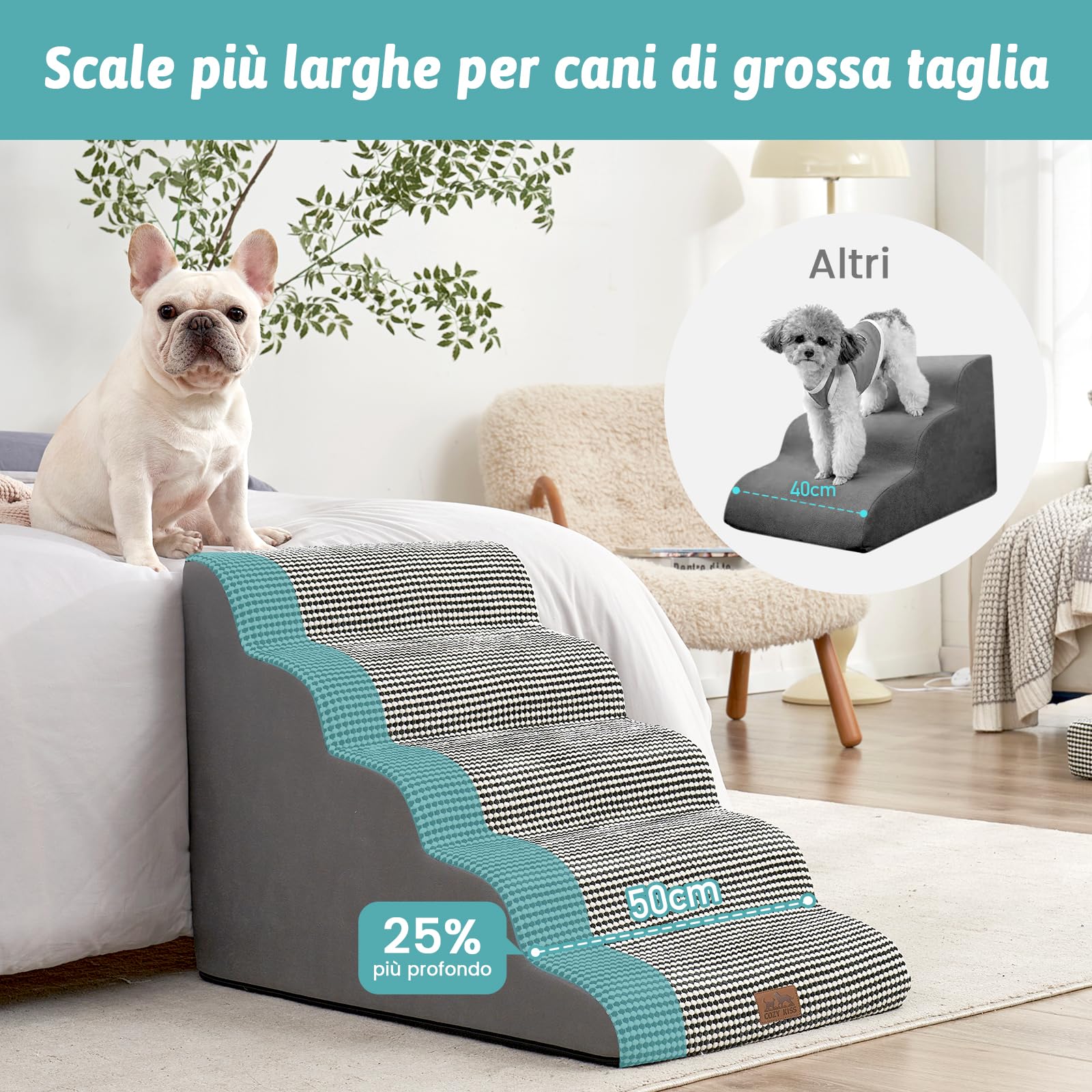 COZY KISS Scale per Cani Larghe, Gradini per Animali Domestici con Copertura a Tenuta Stagna (Bianco e nero, 50x83x57cm, 5.0)