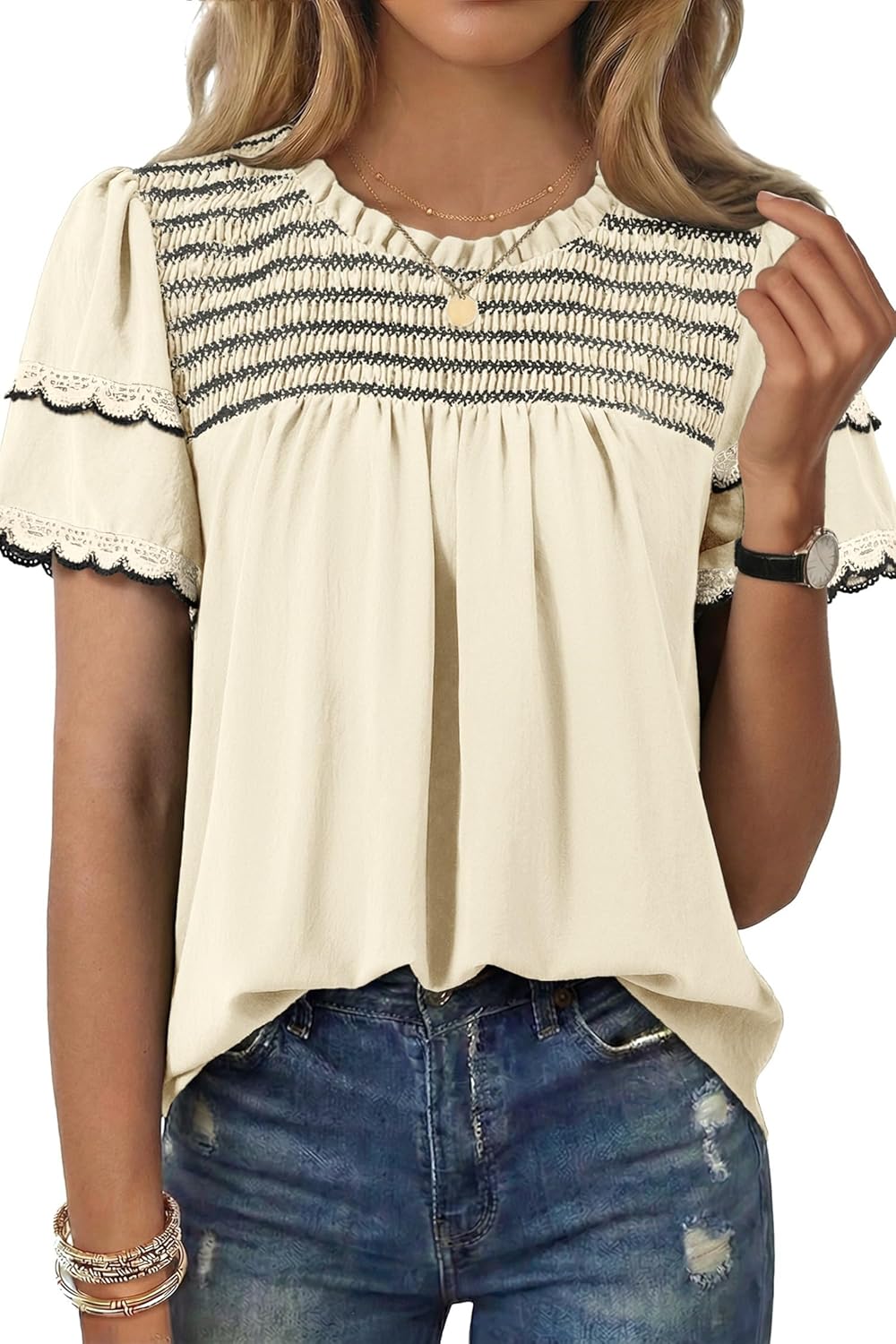 Dokotoo Womens Summer Tops Crewneck Ruffle Short Sleeve Shirts Casual Pleated Blouses Flowy Boho Clothing - Image 4